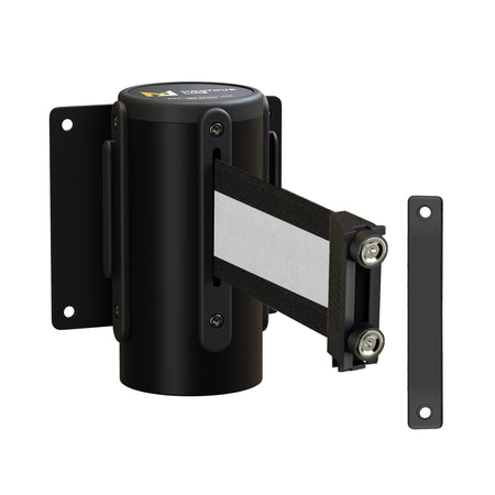 Wall Mounted Retractable Belt Barrier, Magnetic Mount, Black Casing with Magnetic Belt End, 8.5 ft Belt - Montour Line WM115 - Crowd Control Warehouse