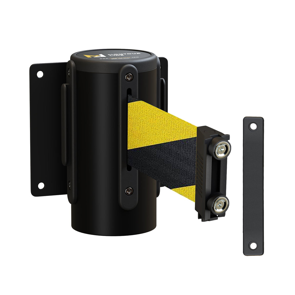 Wall Mounted Retractable Belt Barrier, Magnetic Mount, Black Casing with Magnetic Belt End, 8.5 ft Belt - Montour Line WM115 - Crowd Control Warehouse