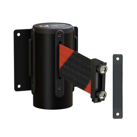 Wall Mounted Retractable Belt Barrier, Magnetic Mount, Black Casing with Magnetic Belt End, 8.5 ft Belt - Montour Line WM115 - Crowd Control Warehouse