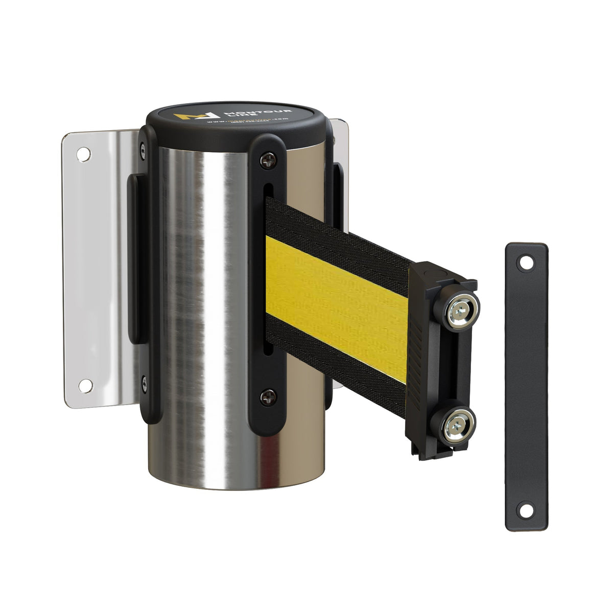 Wall Mounted Retractable Belt Barrier, Magnetic Mount, Polished Stainless Steel Casing with Magnetic Belt End, 11 ft Belt - Montour Line WM115 - Crowd Control Warehouse