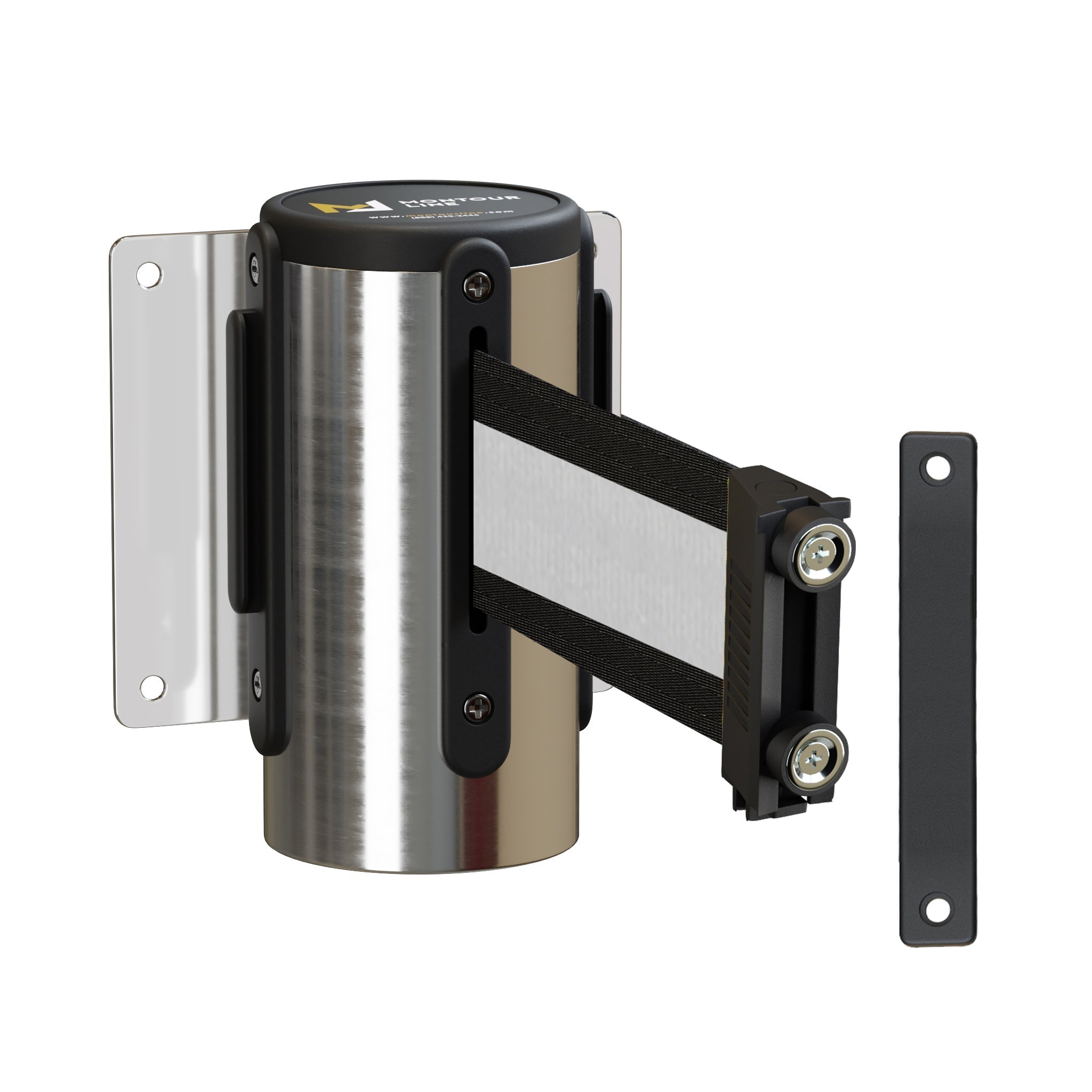 Wall Mounted Retractable Belt Barrier, Magnetic Mount, Polished Stainless Steel Casing with Magnetic Belt End, 11 ft Belt - Montour Line WM115 - Crowd Control Warehouse
