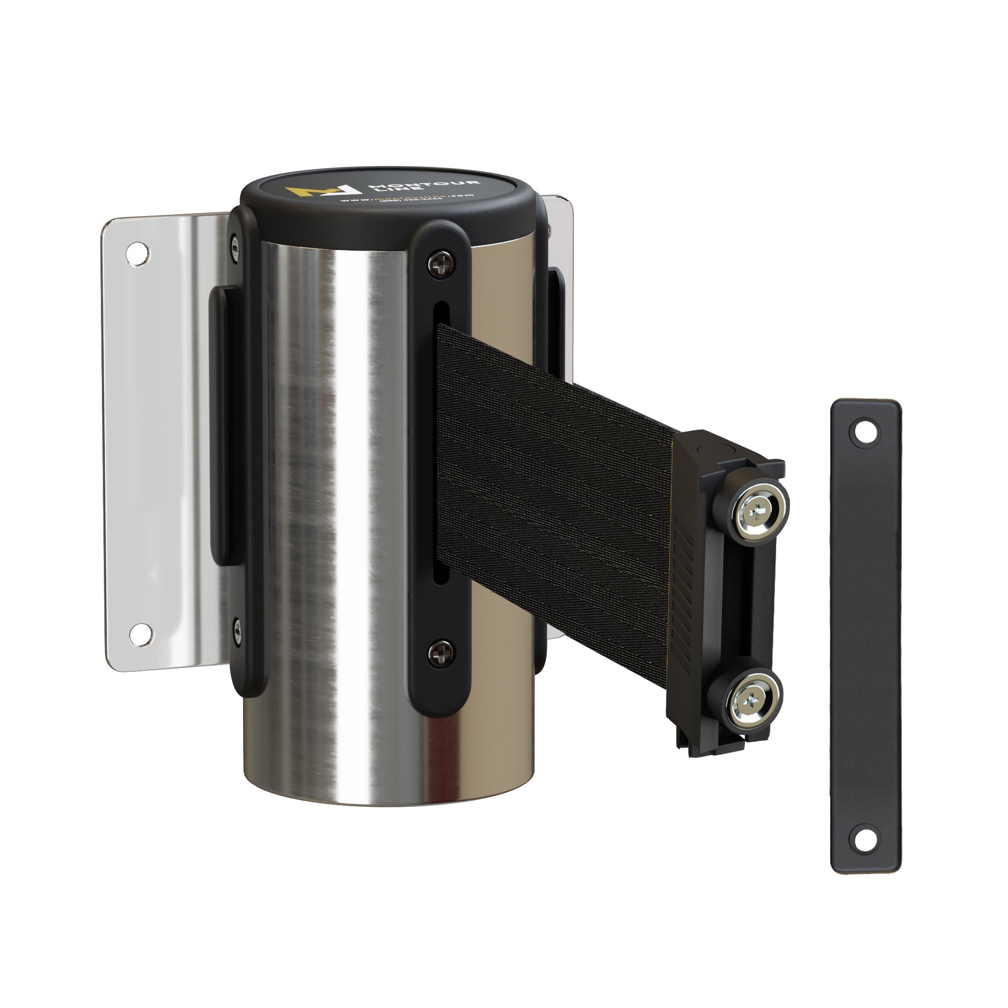 Wall Mounted Retractable Belt Barrier, Magnetic Mount, Polished Stainless Steel Casing with Magnetic Belt End, 11 ft Belt - Montour Line WM115 - Crowd Control Warehouse