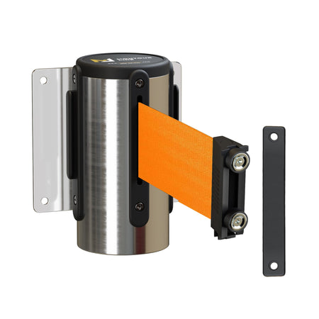 Wall Mounted Retractable Belt Barrier, Magnetic Mount, Polished Stainless Steel Casing with Magnetic Belt End, 11 ft Belt - Montour Line WM115 - Crowd Control Warehouse