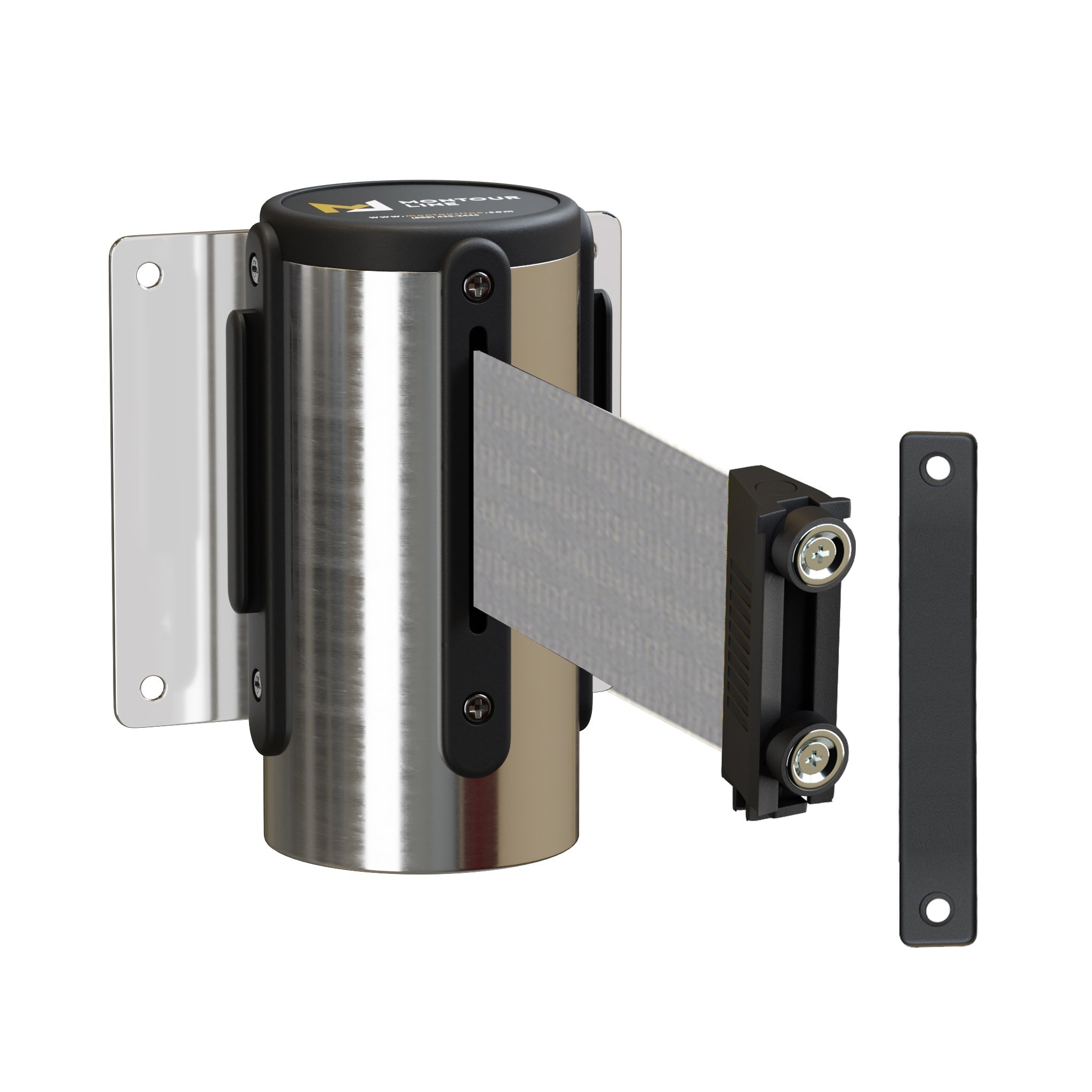 Wall Mounted Retractable Belt Barrier, Magnetic Mount, Polished Stainless Steel Casing with Magnetic Belt End, 11 ft Belt - Montour Line WM115 - Crowd Control Warehouse
