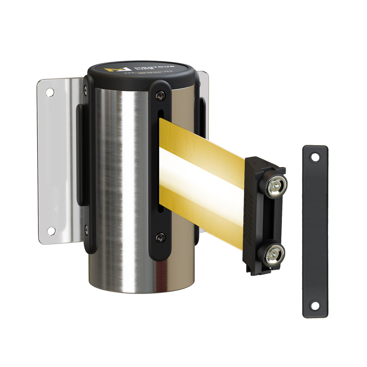 Wall Mounted Retractable Belt Barrier, Magnetic Mount, Polished Stainless Steel Casing with Magnetic Belt End, 13 ft Belt - Montour Line WM115 - Crowd Control Warehouse