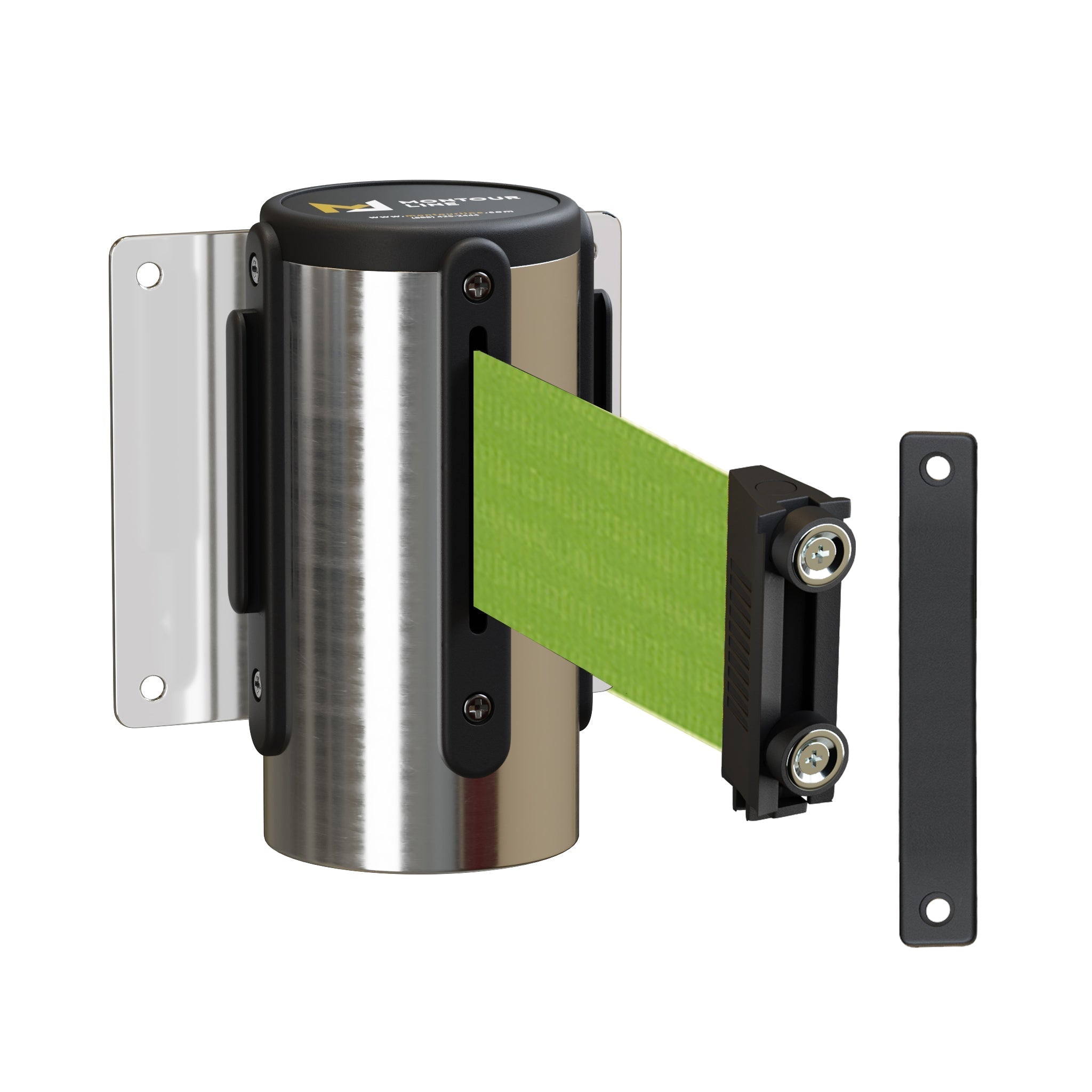 Wall Mounted Retractable Belt Barrier, Magnetic Mount, Polished Stainless Steel Casing with Magnetic Belt End, 13 ft Belt - Montour Line WM115 - Crowd Control Warehouse