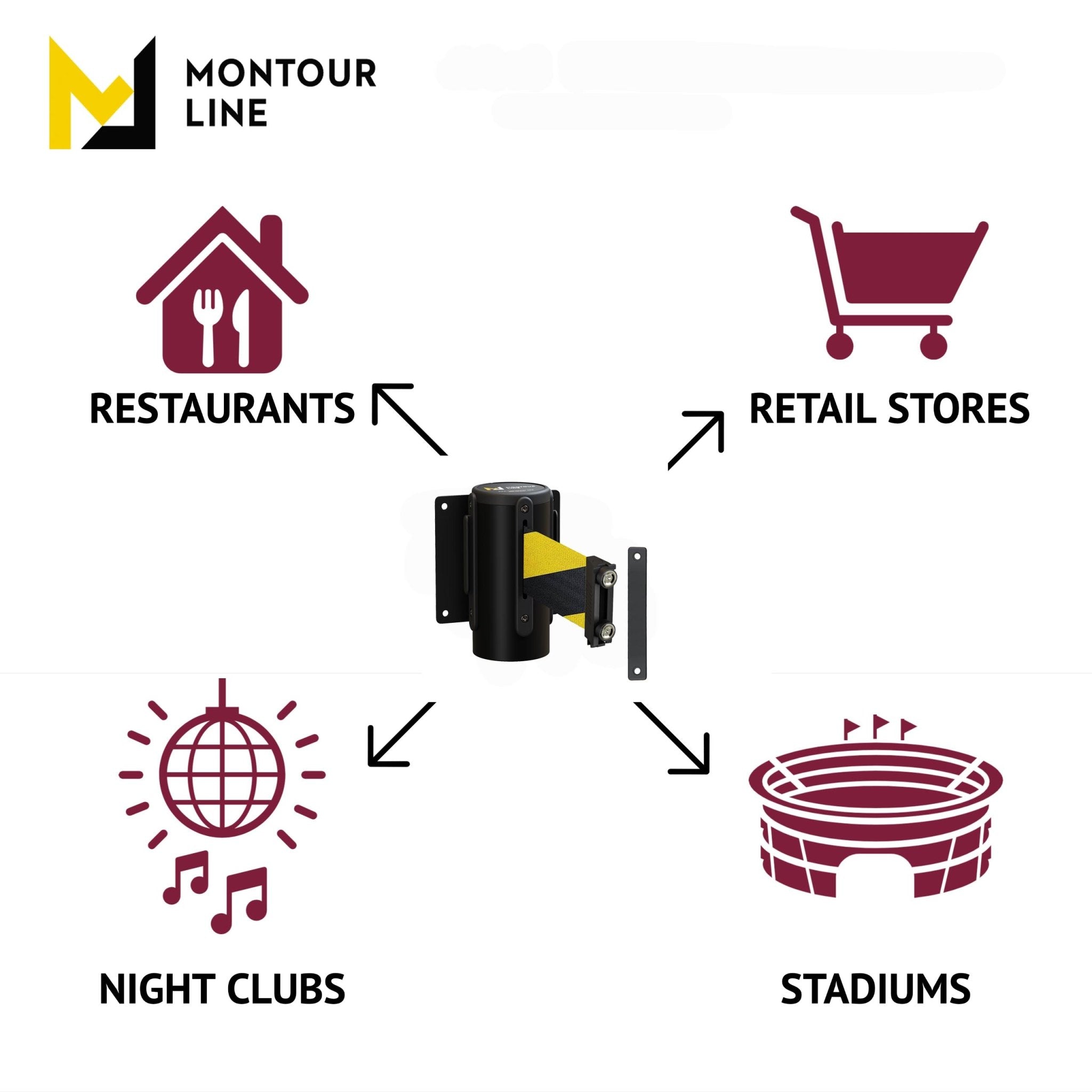 Wall Mounted Retractable Belt Barrier, Magnetic Mount, Polished Stainless Steel Casing with Magnetic Belt End, 13 ft Belt - Montour Line WM115 - Crowd Control Warehouse