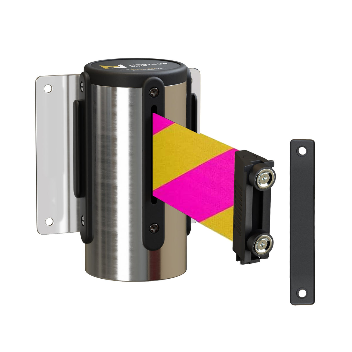 Wall Mounted Retractable Belt Barrier, Magnetic Mount, Polished Stainless Steel Casing with Magnetic Belt End, 13 ft Belt - Montour Line WM115 - Crowd Control Warehouse