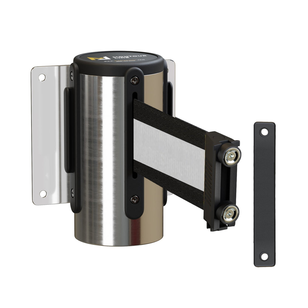 Wall Mounted Retractable Belt Barrier, Magnetic Mount, Polished Stainless Steel Casing with Magnetic Belt End, 13 ft Belt - Montour Line WM115 - Crowd Control Warehouse