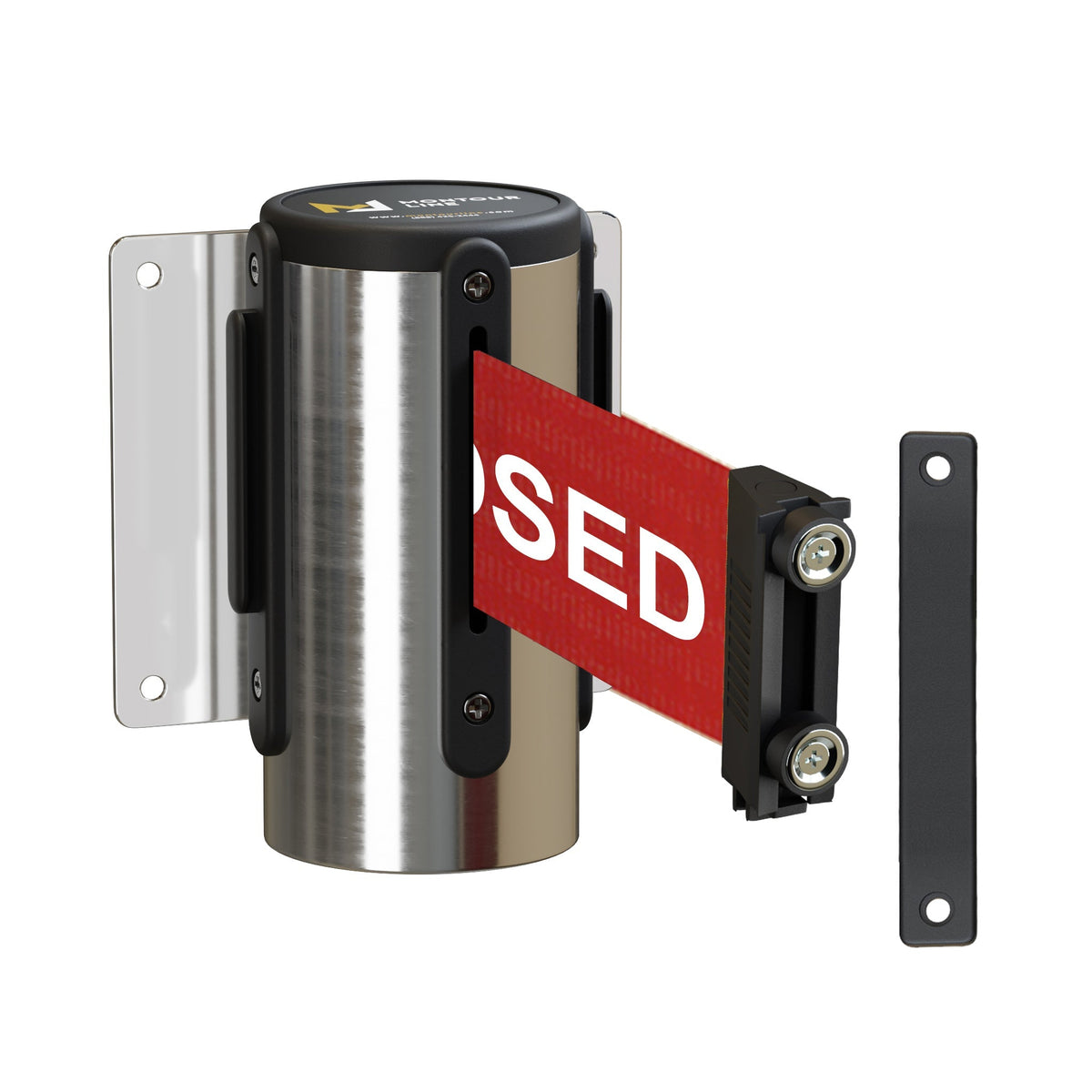 Wall Mounted Retractable Belt Barrier, Magnetic Mount, Polished Stainless Steel Casing with Magnetic Belt End, 13 ft Belt - Montour Line WM115 - Crowd Control Warehouse