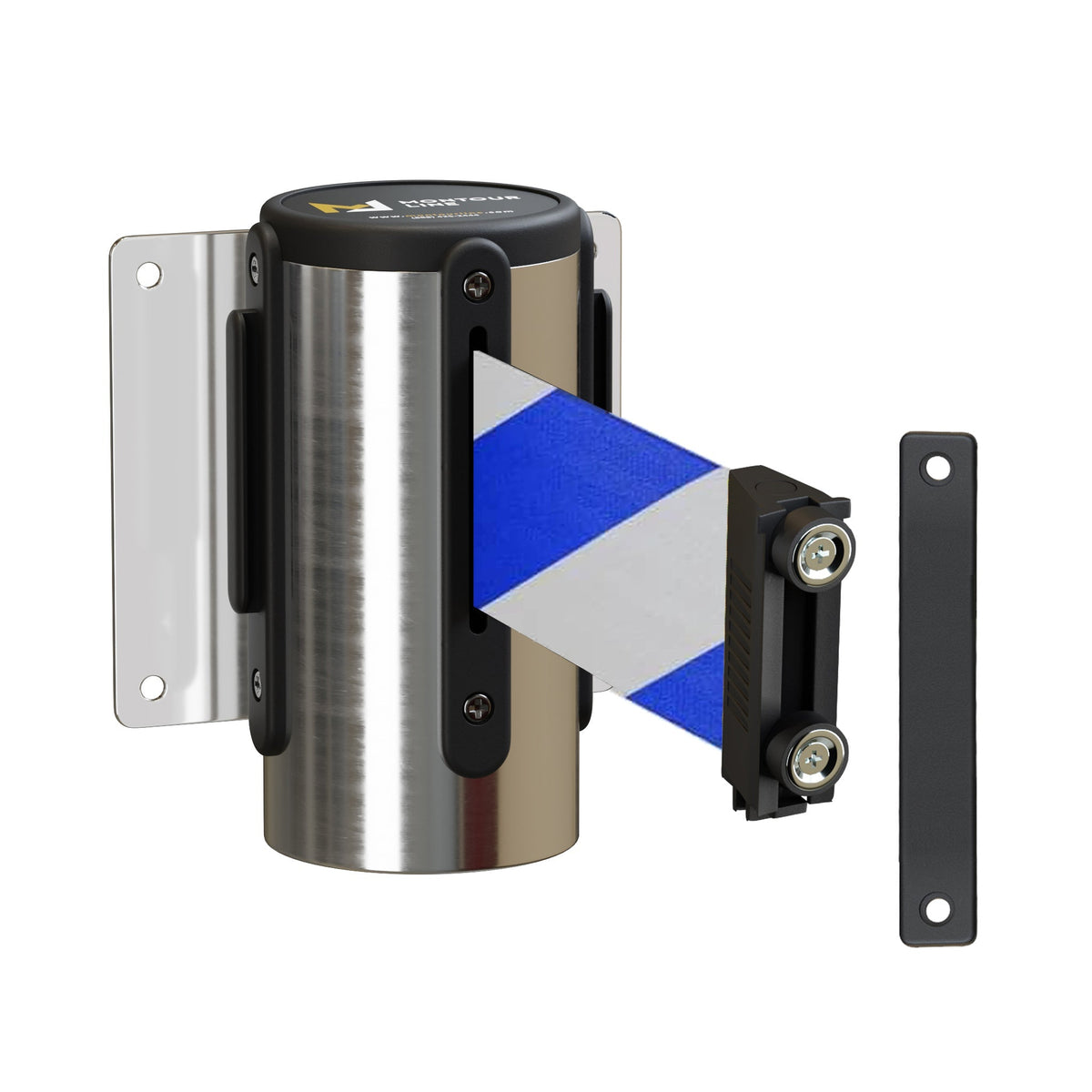 Wall Mounted Retractable Belt Barrier, Magnetic Mount, Polished Stainless Steel Casing with Magnetic Belt End, 8.5 ft Belt - Montour Line WM115 - Crowd Control Warehouse