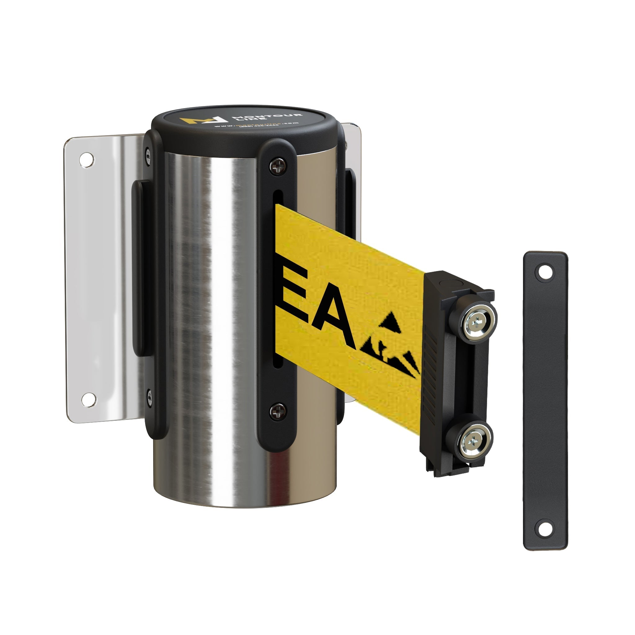 Wall Mounted Retractable Belt Barrier, Magnetic Mount, Polished Stainless Steel Casing with Magnetic Belt End, 8.5 ft Belt - Montour Line WM115 - Crowd Control Warehouse