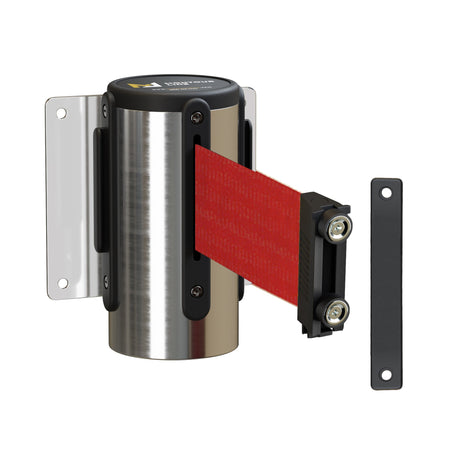 Wall Mounted Retractable Belt Barrier, Magnetic Mount, Polished Stainless Steel Casing with Magnetic Belt End, 8.5 ft Belt - Montour Line WM115 - Crowd Control Warehouse