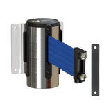 Wall Mounted Retractable Belt Barrier, Magnetic Mount, Polished Stainless Steel Casing with Magnetic Belt End, 8.5 ft Belt - Montour Line WM115 - Crowd Control Warehouse