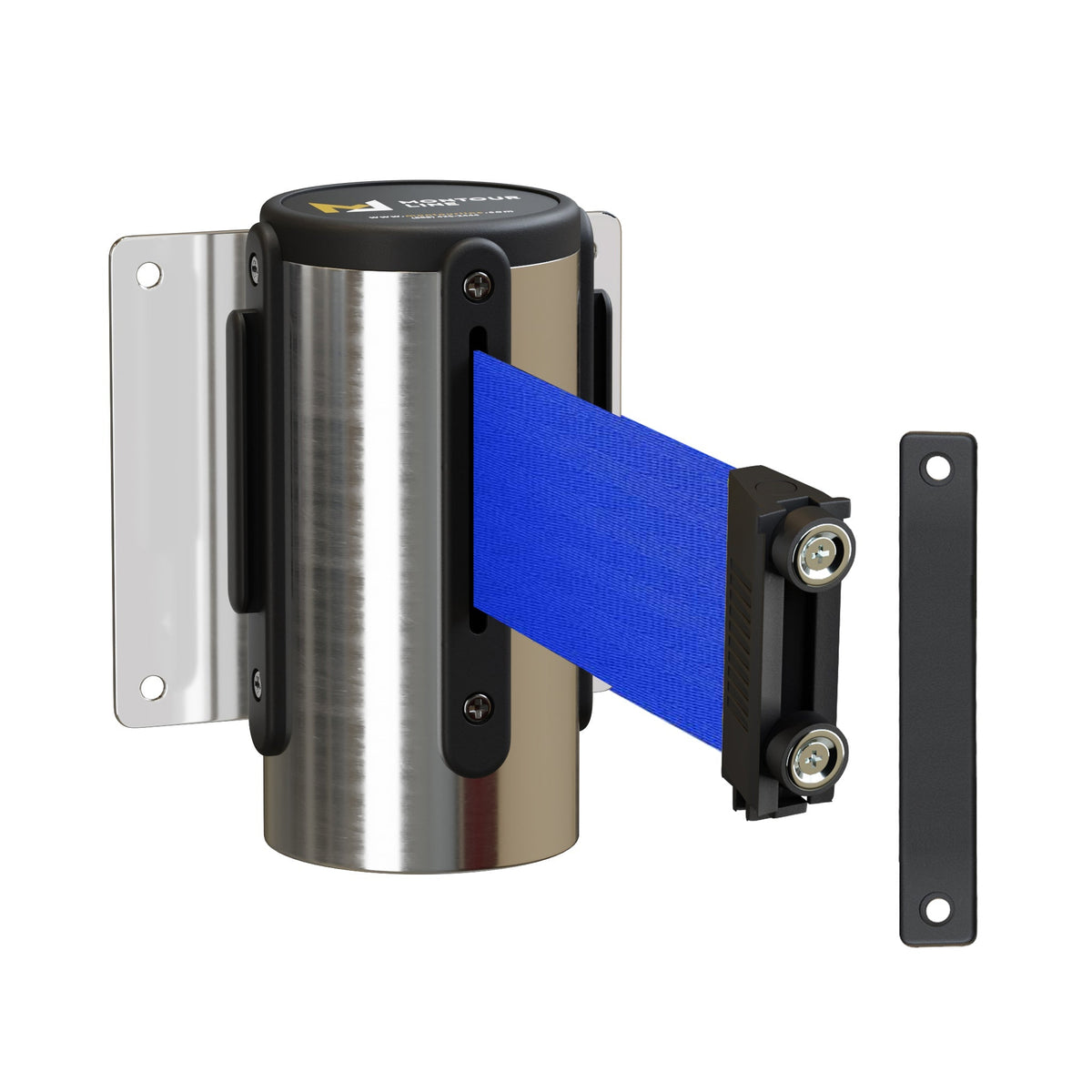 Wall Mounted Retractable Belt Barrier, Magnetic Mount, Polished Stainless Steel Casing with Magnetic Belt End, 8.5 ft Belt - Montour Line WM115 - Crowd Control Warehouse