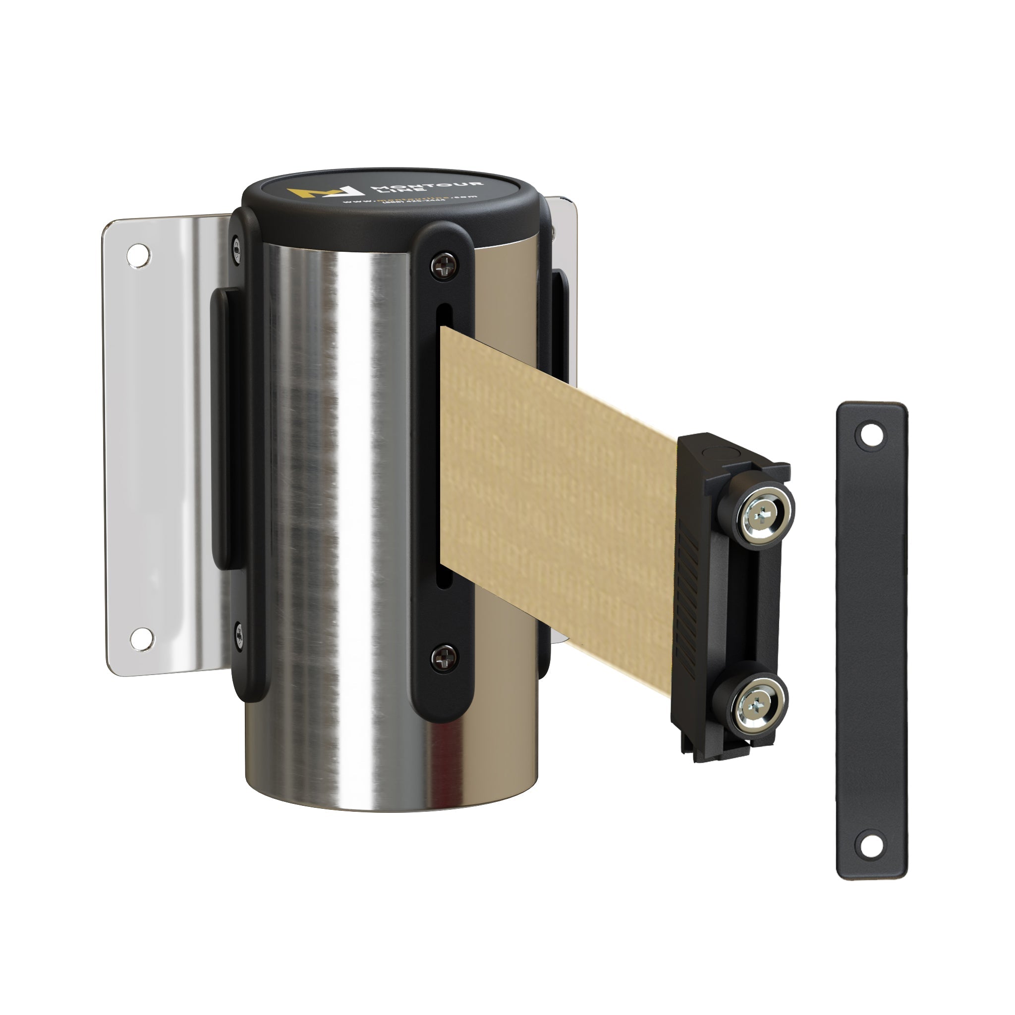 Wall Mounted Retractable Belt Barrier, Magnetic Mount, Polished Stainless Steel Casing with Magnetic Belt End, 8.5 ft Belt - Montour Line WM115 - Crowd Control Warehouse