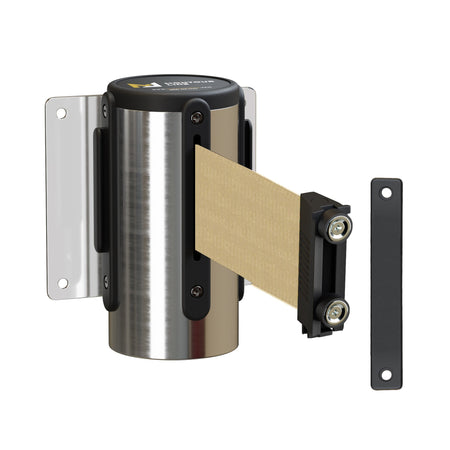 Wall Mounted Retractable Belt Barrier, Magnetic Mount, Polished Stainless Steel Casing with Magnetic Belt End, 8.5 ft Belt - Montour Line WM115 - Crowd Control Warehouse