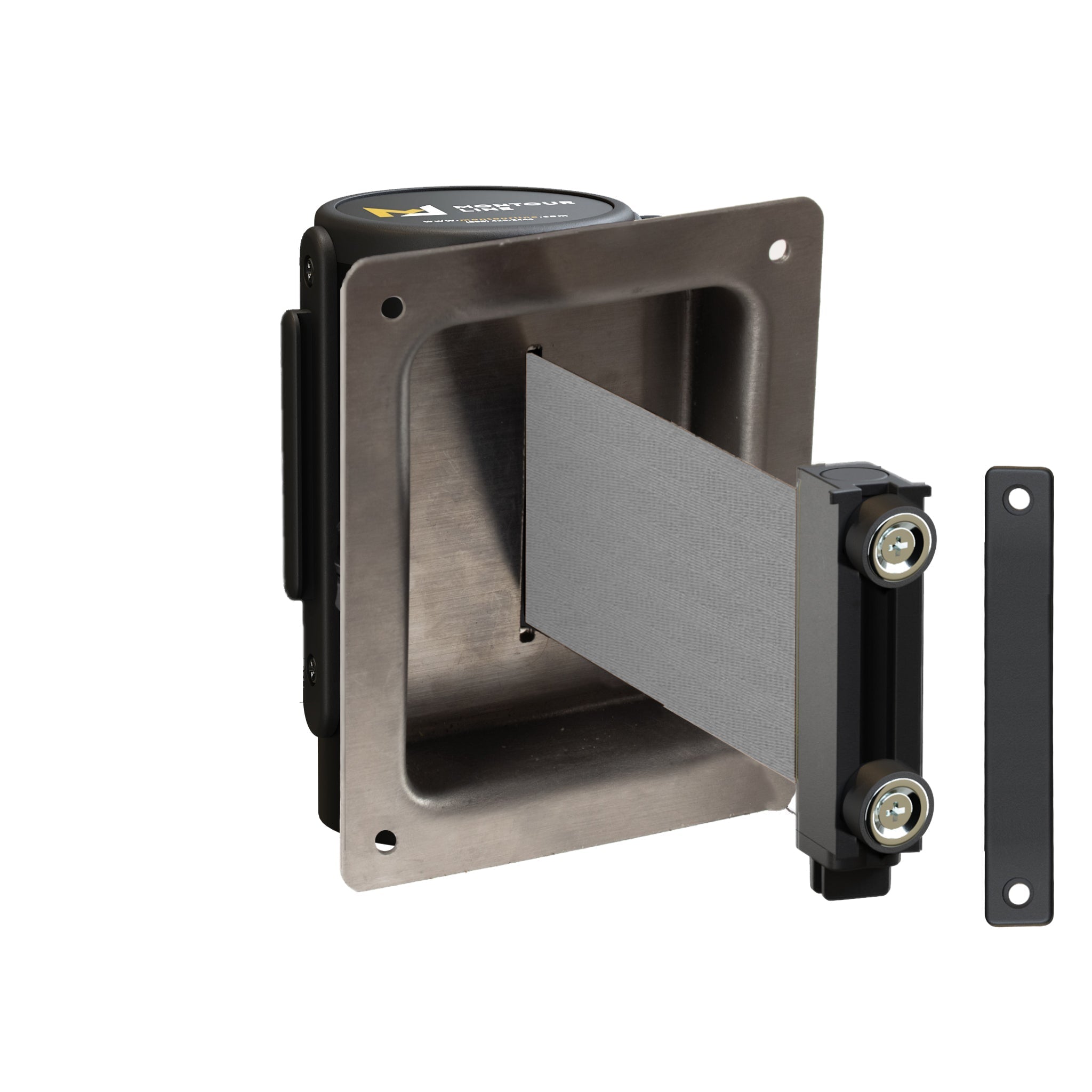 Wall Mounted Retractable Belt Barrier, Recessed Black Metal Case with Magnetic Belt End, 11 ft Belt - Montour Line WM115 - Crowd Control Warehouse