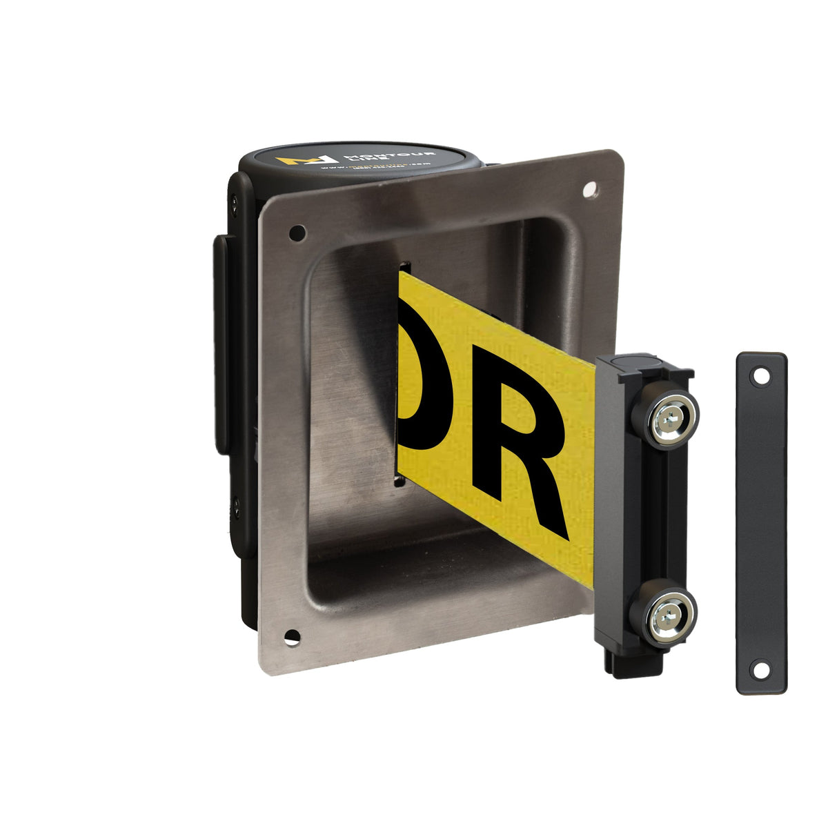 Wall Mounted Retractable Belt Barrier, Recessed Black Metal Case with Magnetic Belt End, 11 ft Belt - Montour Line WM115 - Crowd Control Warehouse