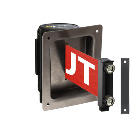 Wall Mounted Retractable Belt Barrier, Recessed Black Metal Case with Magnetic Belt End, 11 ft Belt - Montour Line WM115 - Crowd Control Warehouse