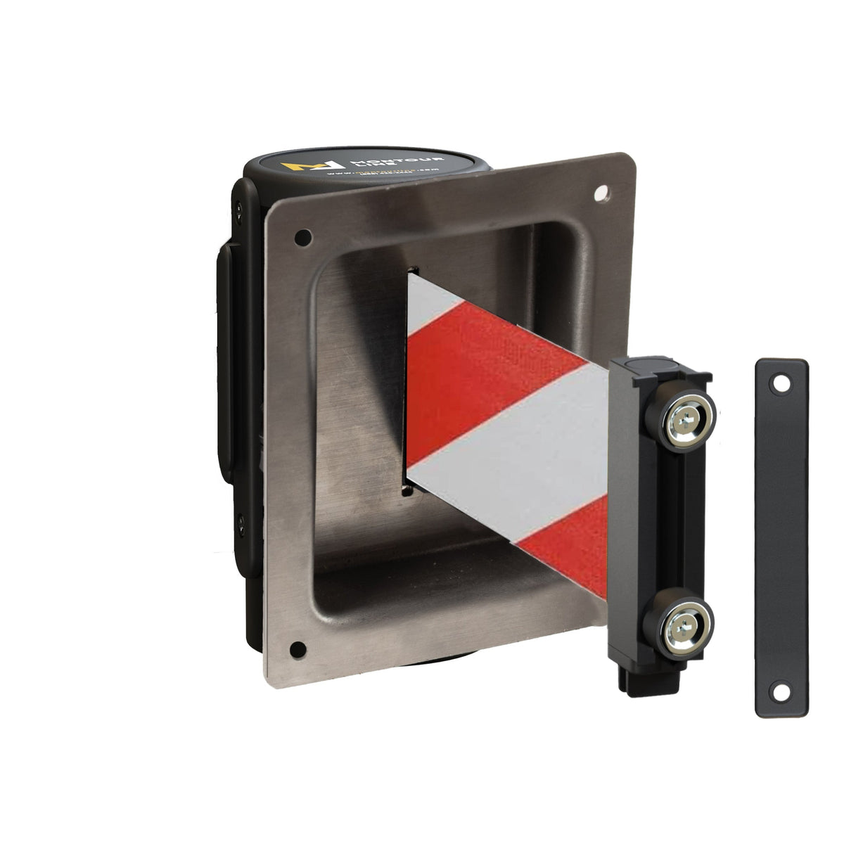 Wall Mounted Retractable Belt Barrier, Recessed Black Metal Case with Magnetic Belt End, 11 ft Belt - Montour Line WM115 - Crowd Control Warehouse