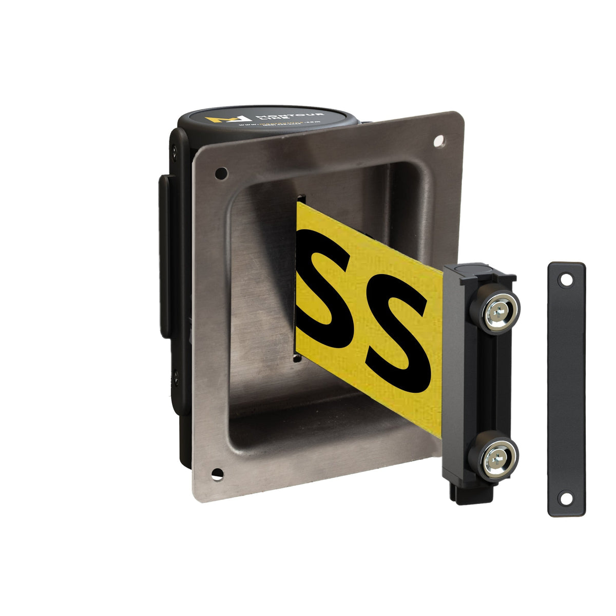 Wall Mounted Retractable Belt Barrier, Recessed Black Metal Case with Magnetic Belt End, 11 ft Belt - Montour Line WM115 - Crowd Control Warehouse