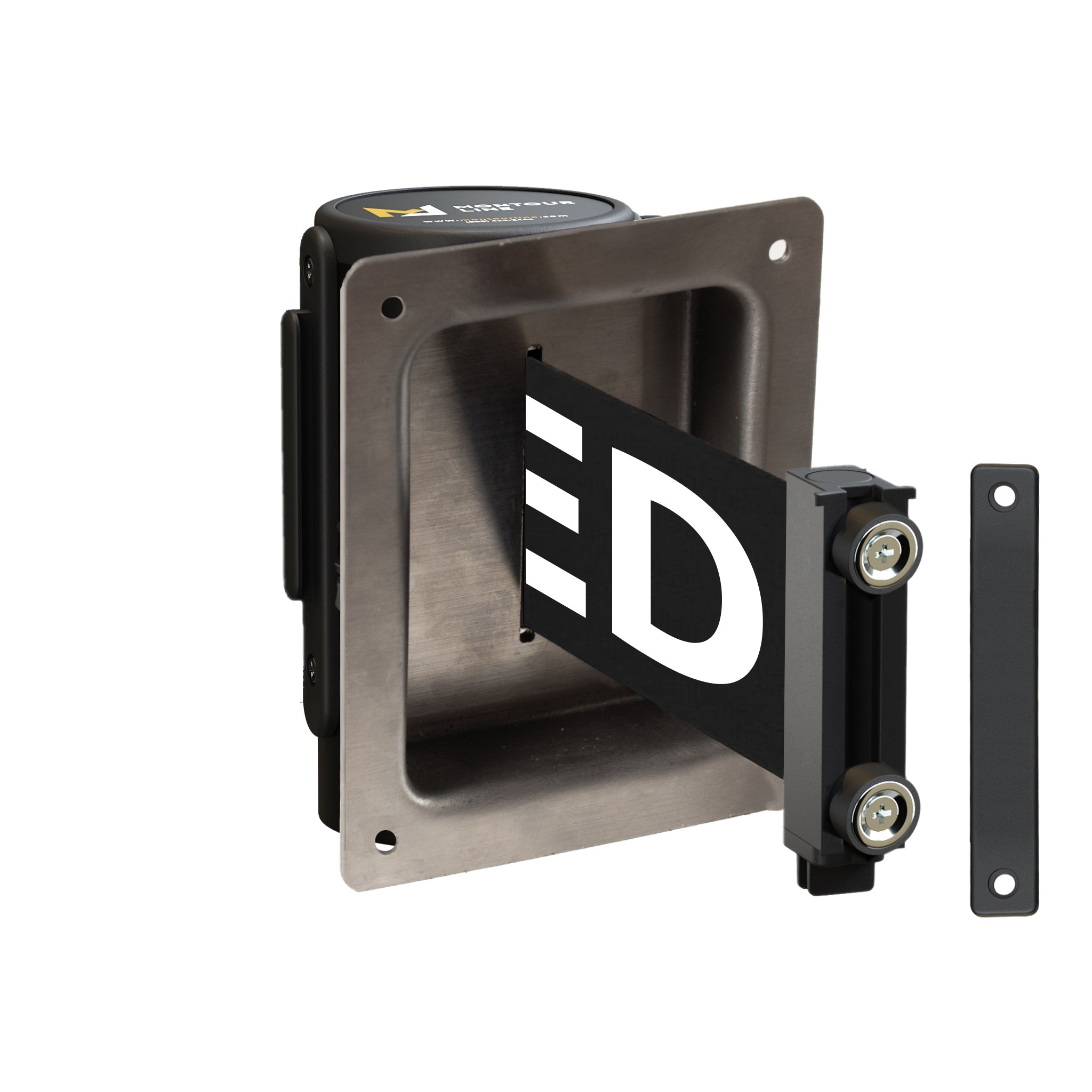 Wall Mounted Retractable Belt Barrier, Recessed Black Metal Case with Magnetic Belt End, 11 ft Belt - Montour Line WM115 - Crowd Control Warehouse