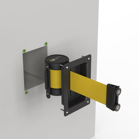 Wall Mounted Retractable Belt Barrier, Recessed Black Metal Case with Magnetic Belt End, 11 ft Belt - Montour Line WM115 - Crowd Control Warehouse