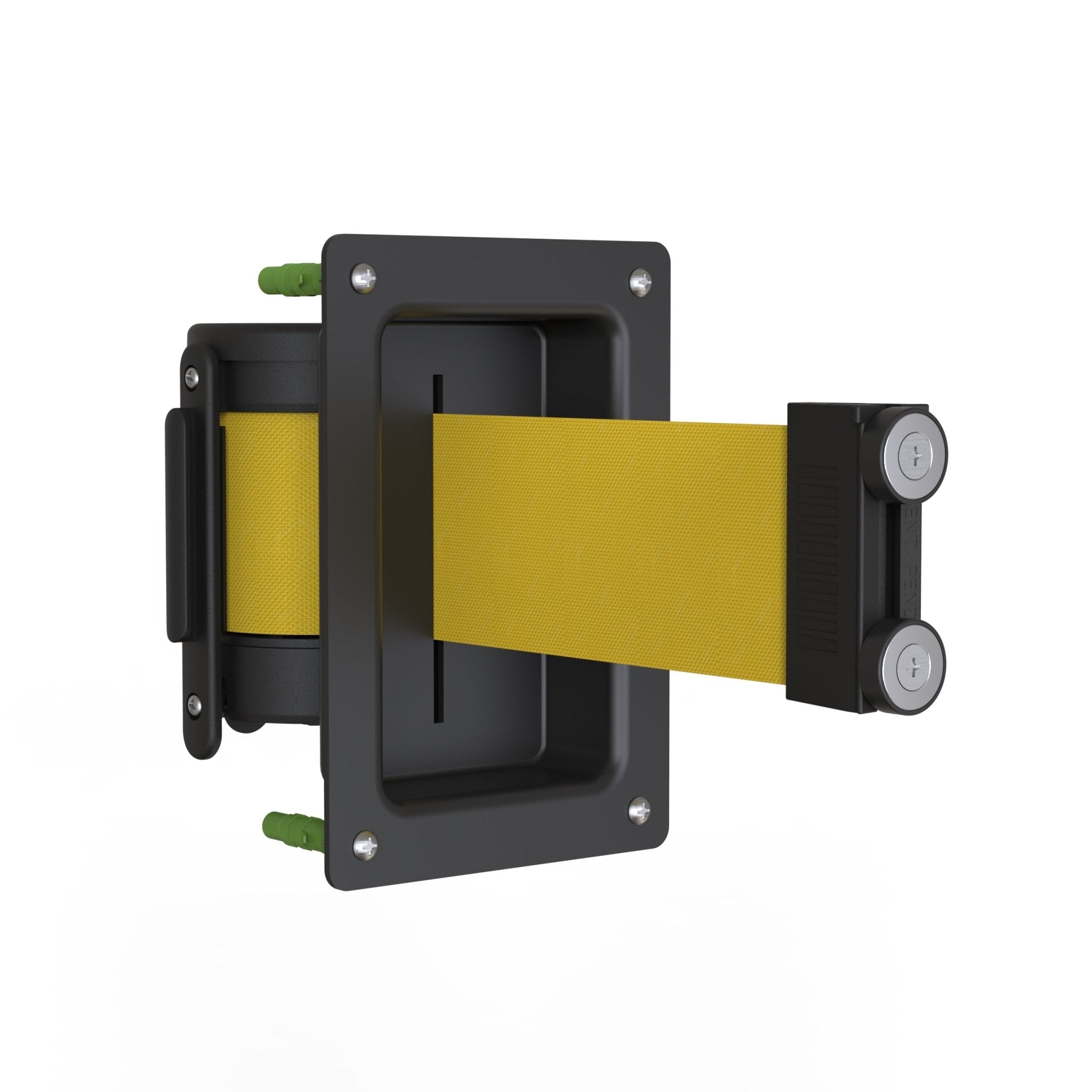 Wall Mounted Retractable Belt Barrier, Recessed Black Metal Case with Magnetic Belt End, 11 ft Belt - Montour Line WM115 - Crowd Control Warehouse