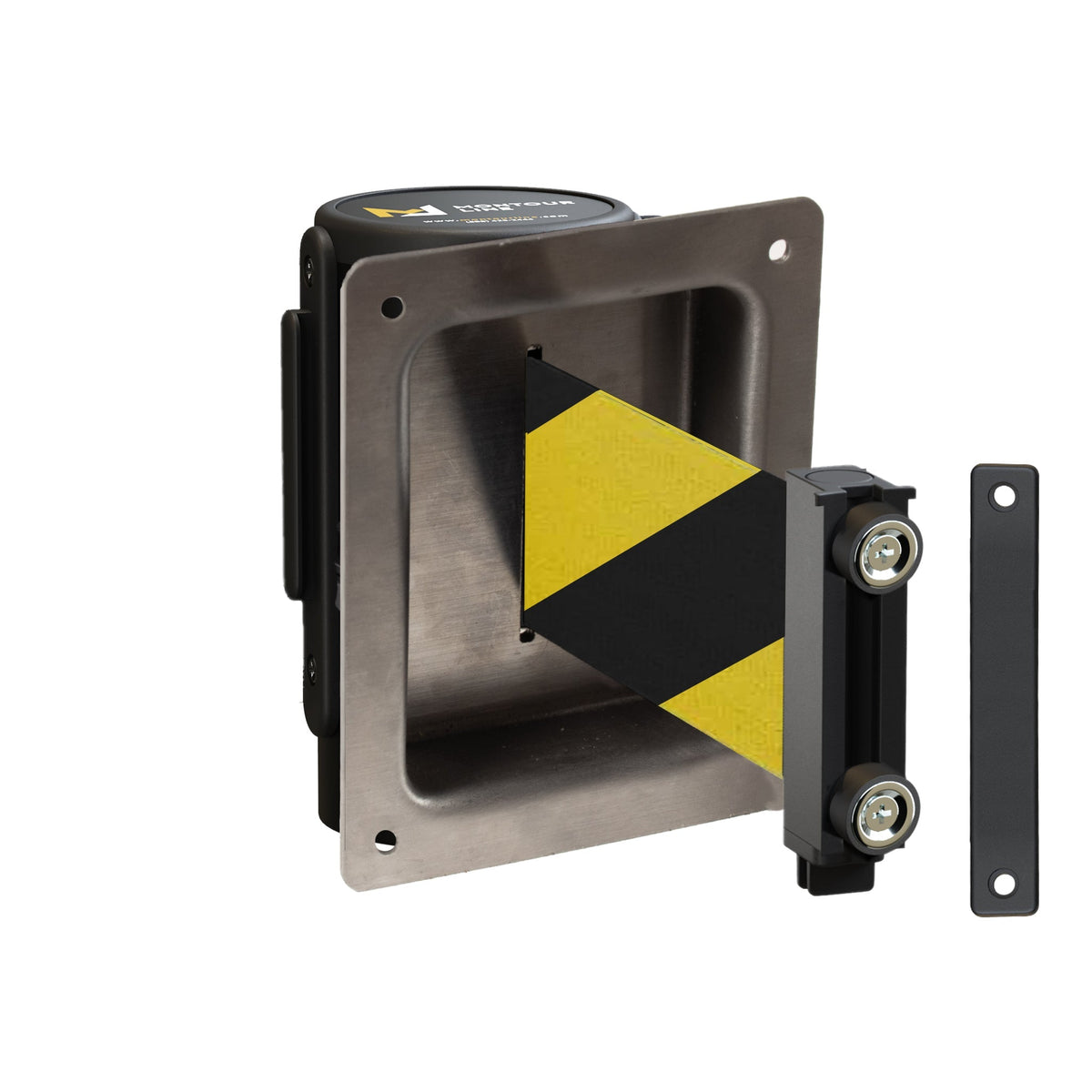 Wall Mounted Retractable Belt Barrier, Recessed Black Metal Case with Magnetic Belt End, 11 ft Belt - Montour Line WM115 - Crowd Control Warehouse