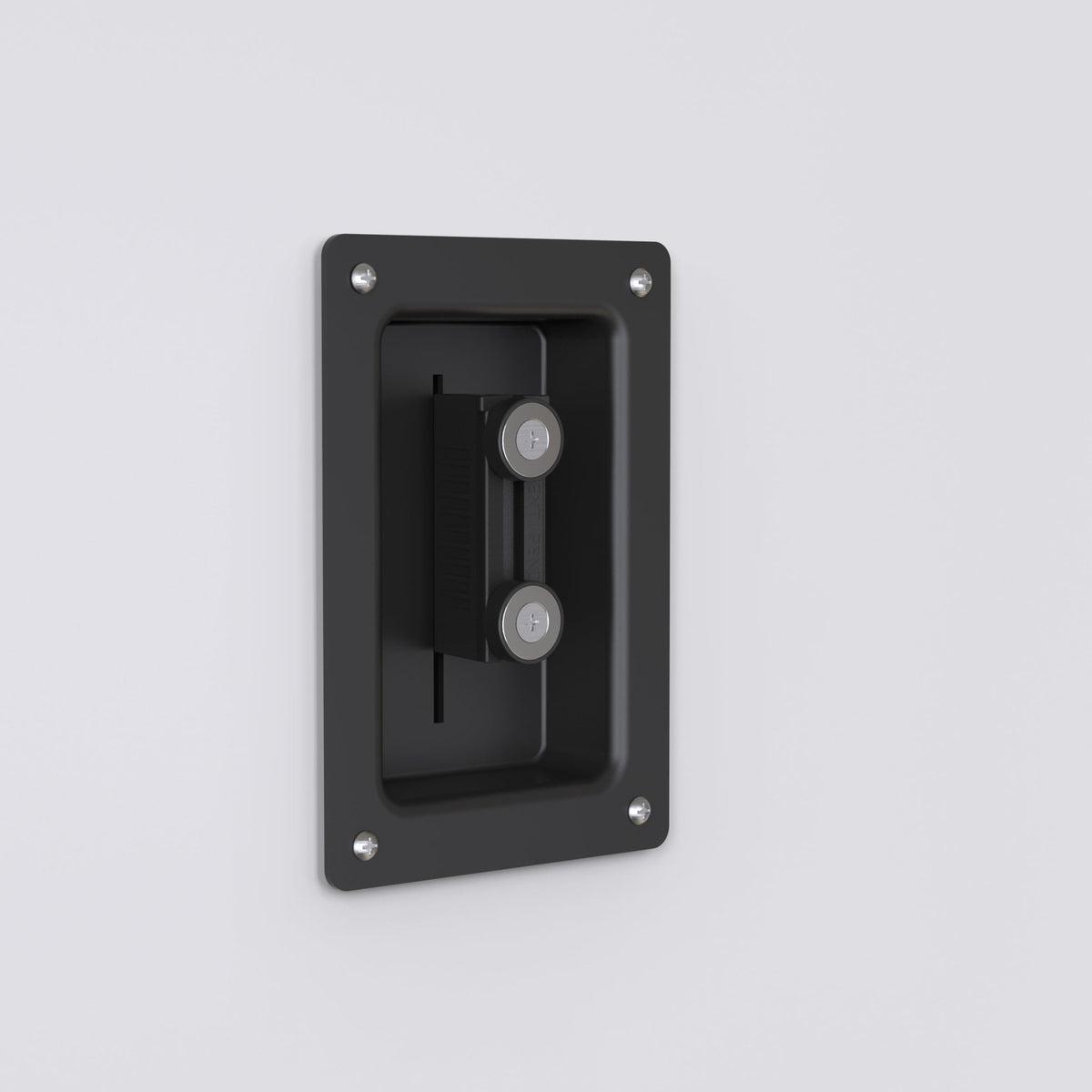 Wall Mounted Retractable Belt Barrier, Recessed Black Metal Case with Magnetic Belt End, 11 ft Belt - Montour Line WM115 - Crowd Control Warehouse