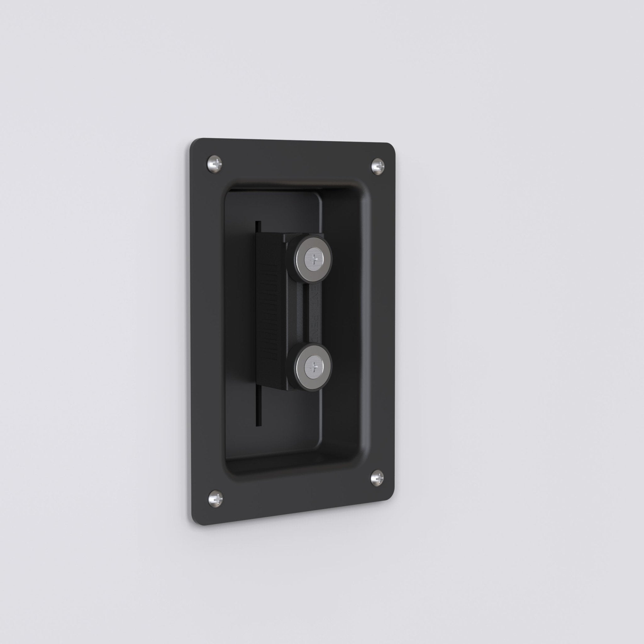 Wall Mounted Retractable Belt Barrier, Recessed Black Metal Case with Magnetic Belt End, 11 ft Belt - Montour Line WM115 - Crowd Control Warehouse