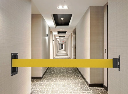 Wall Mounted Retractable Belt Barrier, Recessed Black Metal Case with Magnetic Belt End, 11 ft Belt - Montour Line WM115 - Crowd Control Warehouse