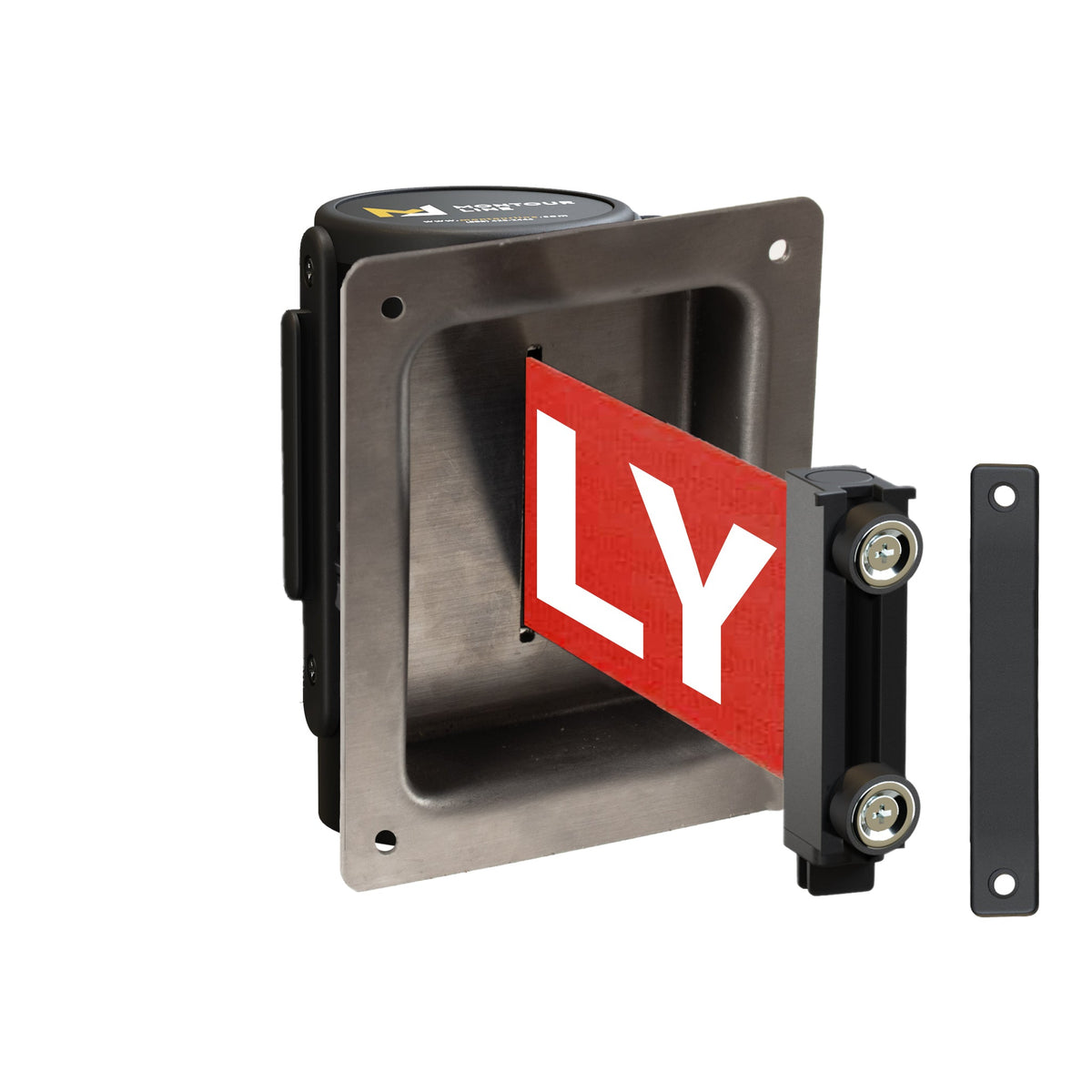 Wall Mounted Retractable Belt Barrier, Recessed Black Metal Case with Magnetic Belt End, 11 ft Belt - Montour Line WM115 - Crowd Control Warehouse