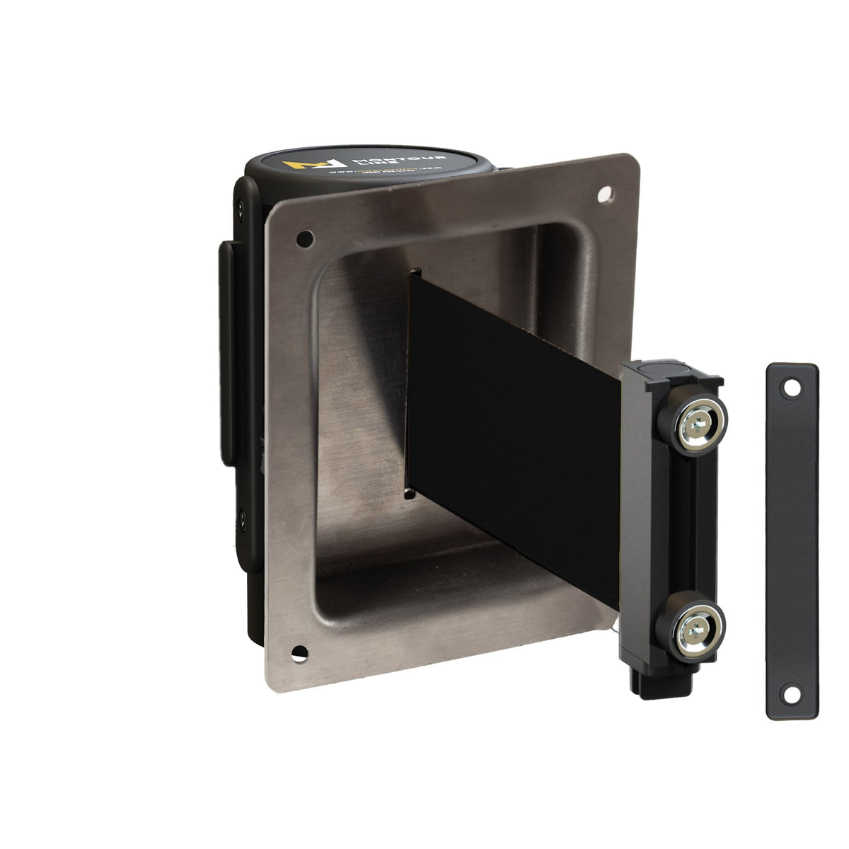 Wall Mounted Retractable Belt Barrier, Recessed Black Metal Case with Magnetic Belt End, 11 ft Belt - Montour Line WM115 - Crowd Control Warehouse