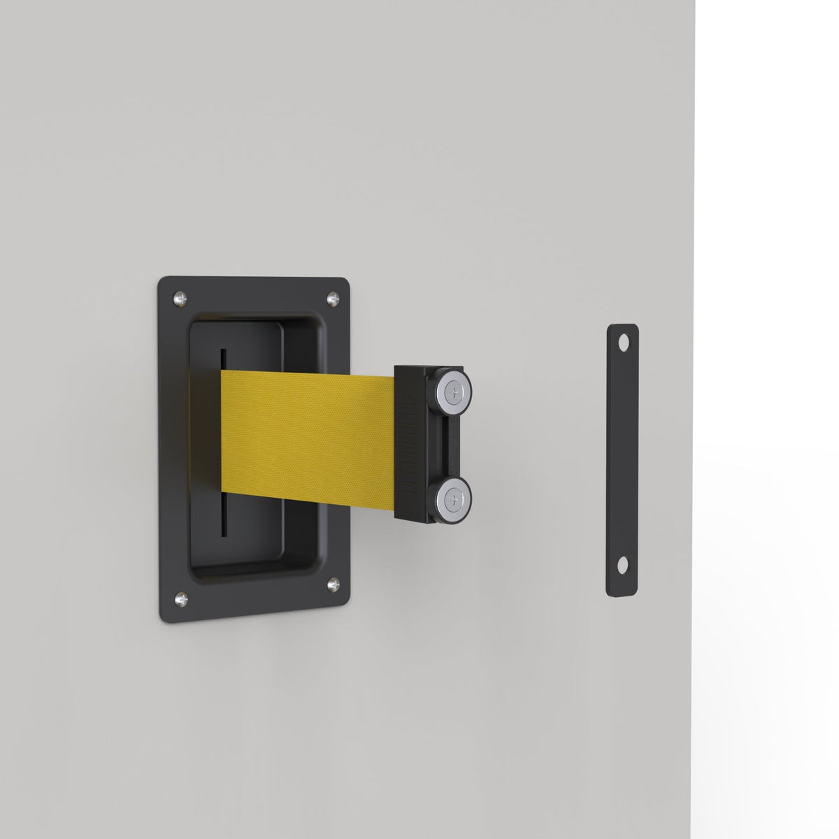 Wall Mounted Retractable Belt Barrier, Recessed Black Metal Case with Magnetic Belt End, 11 ft Belt - Montour Line WM115 - Crowd Control Warehouse