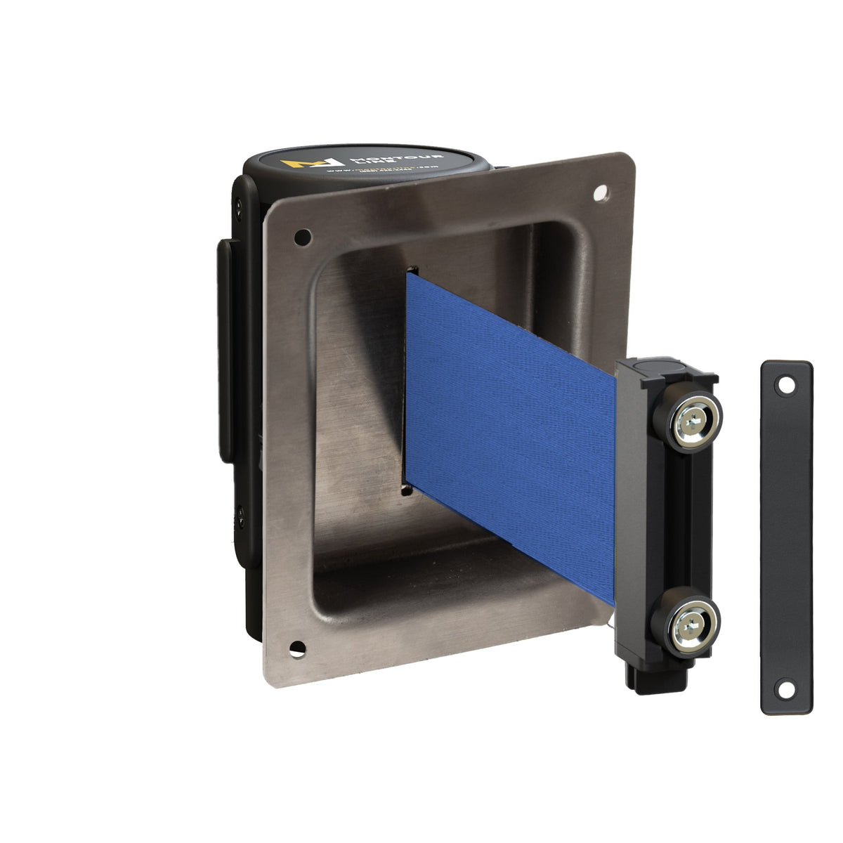 Wall Mounted Retractable Belt Barrier, Recessed Black Metal Case with Magnetic Belt End, 11 ft Belt - Montour Line WM115 - Crowd Control Warehouse