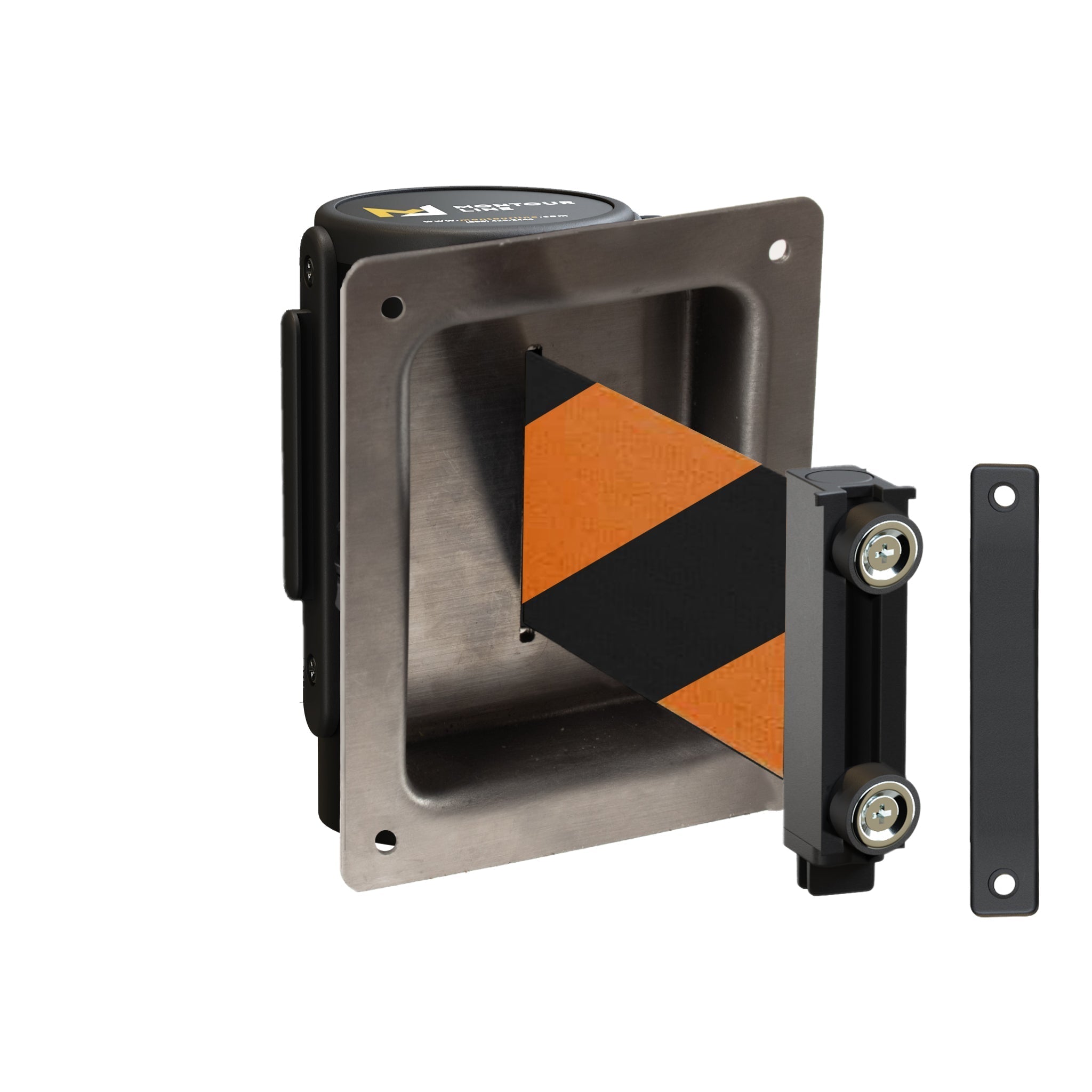 Wall Mounted Retractable Belt Barrier, Recessed Black Metal Case with Magnetic Belt End, 13 ft Belt - Montour Line WM115 - Crowd Control Warehouse