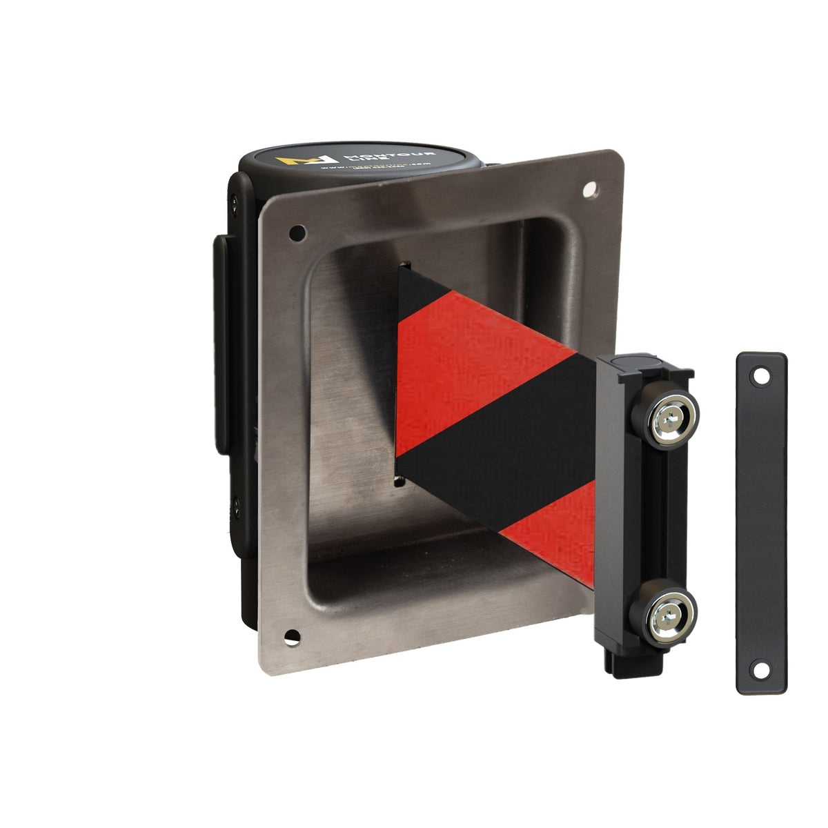 Wall Mounted Retractable Belt Barrier, Recessed Black Metal Case with Magnetic Belt End, 13 ft Belt - Montour Line WM115 - Crowd Control Warehouse