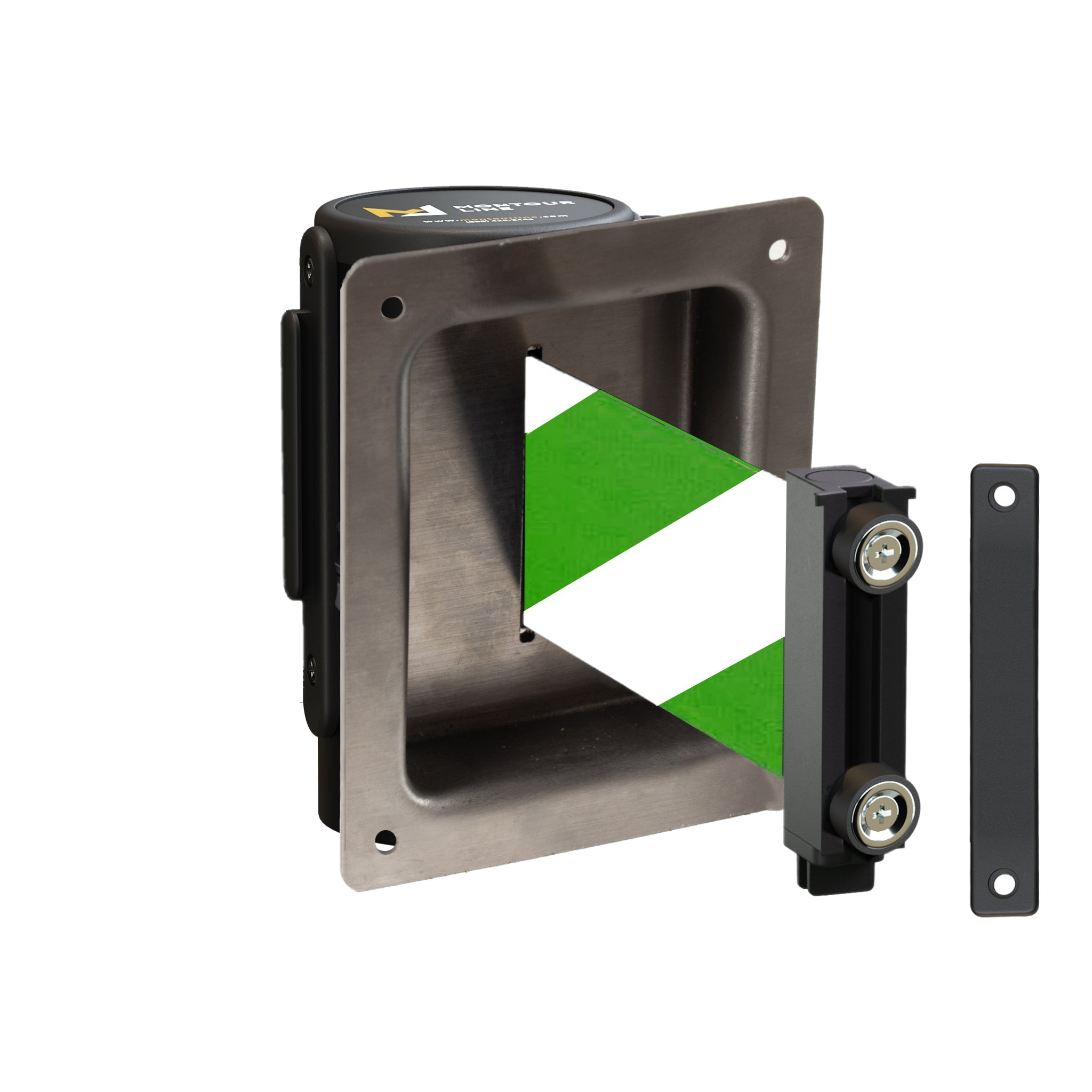 Wall Mounted Retractable Belt Barrier, Recessed Black Metal Case with Magnetic Belt End, 13 ft Belt - Montour Line WM115 - Crowd Control Warehouse