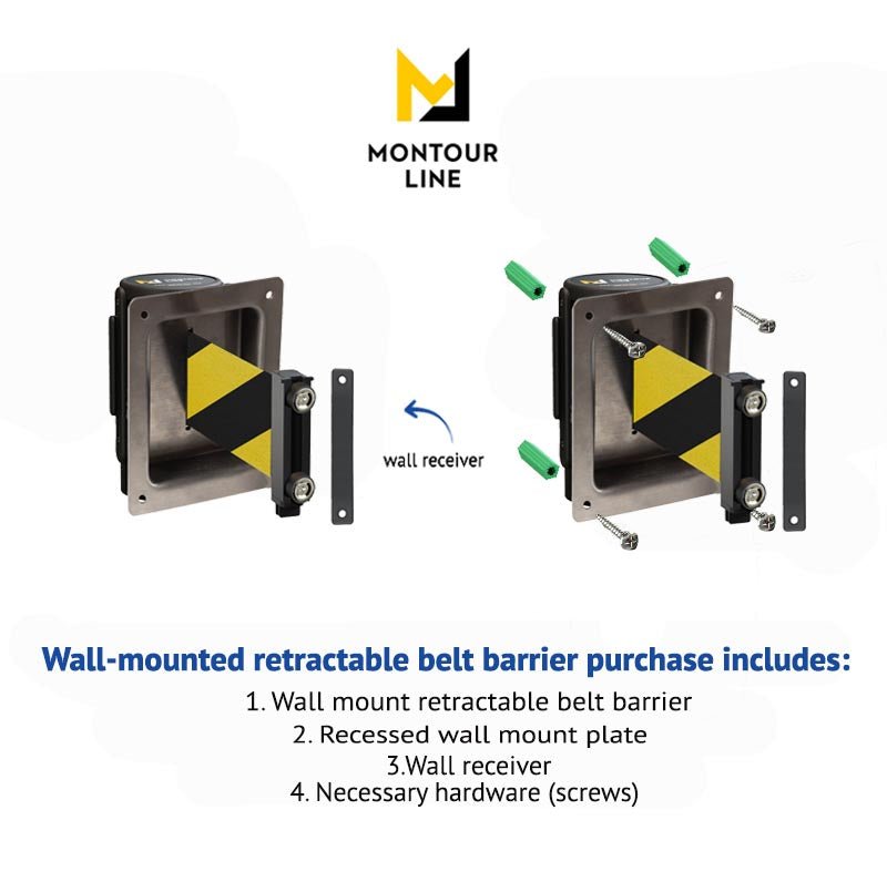 Wall Mounted Retractable Belt Barrier, Recessed Black Metal Case with Magnetic Belt End, 13 ft Belt - Montour Line WM115 - Crowd Control Warehouse