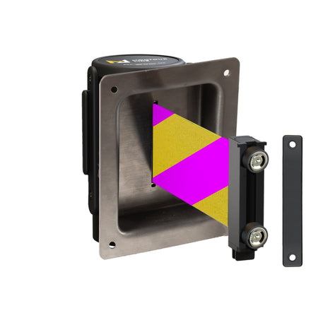 Wall Mounted Retractable Belt Barrier, Recessed Black Metal Case with Magnetic Belt End, 13 ft Belt - Montour Line WM115 - Crowd Control Warehouse