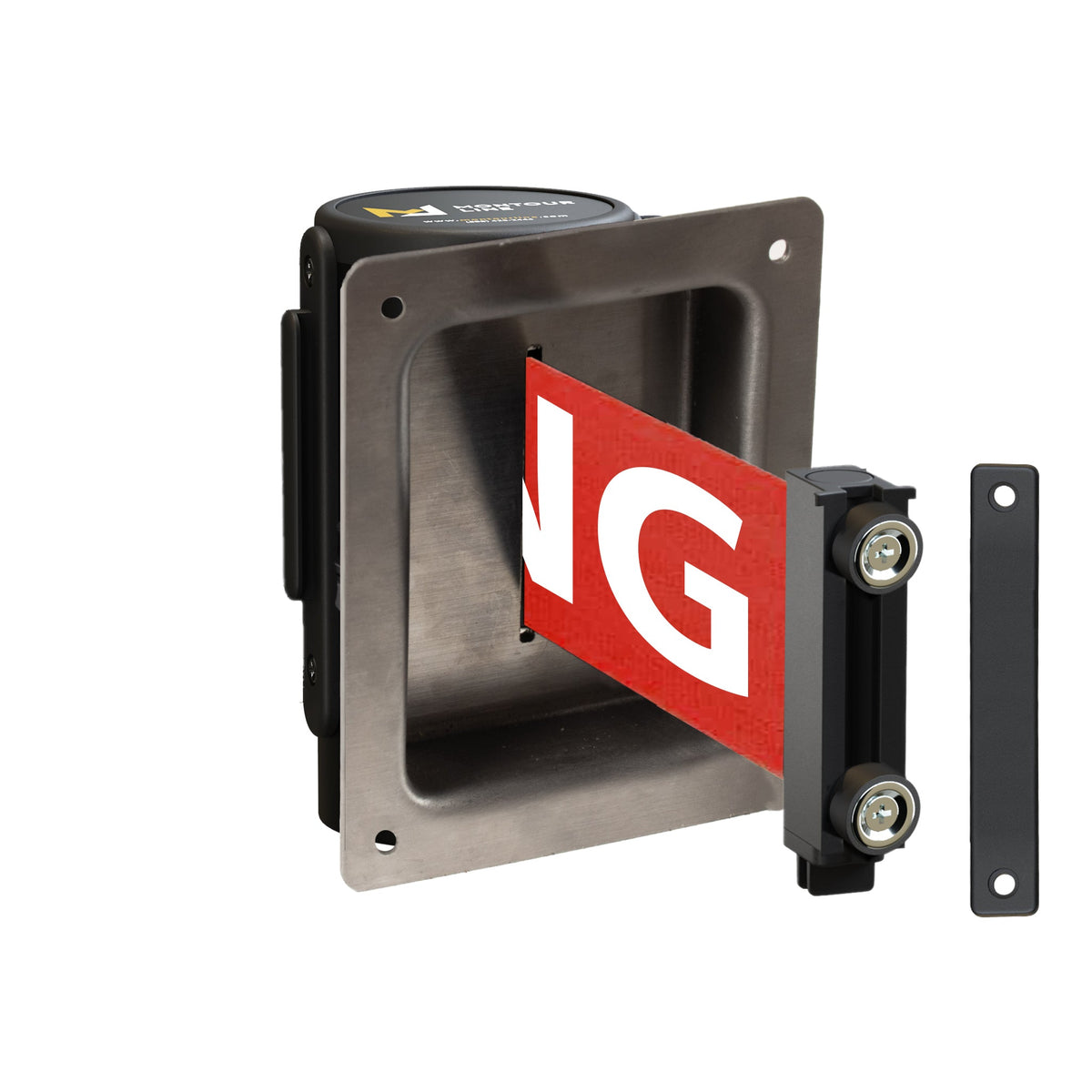 Wall Mounted Retractable Belt Barrier, Recessed Black Metal Case with Magnetic Belt End, 13 ft Belt - Montour Line WM115 - Crowd Control Warehouse