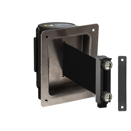 Wall Mounted Retractable Belt Barrier, Recessed Black Metal Case with Magnetic Belt End, 13 ft Belt - Montour Line WM115 - Crowd Control Warehouse