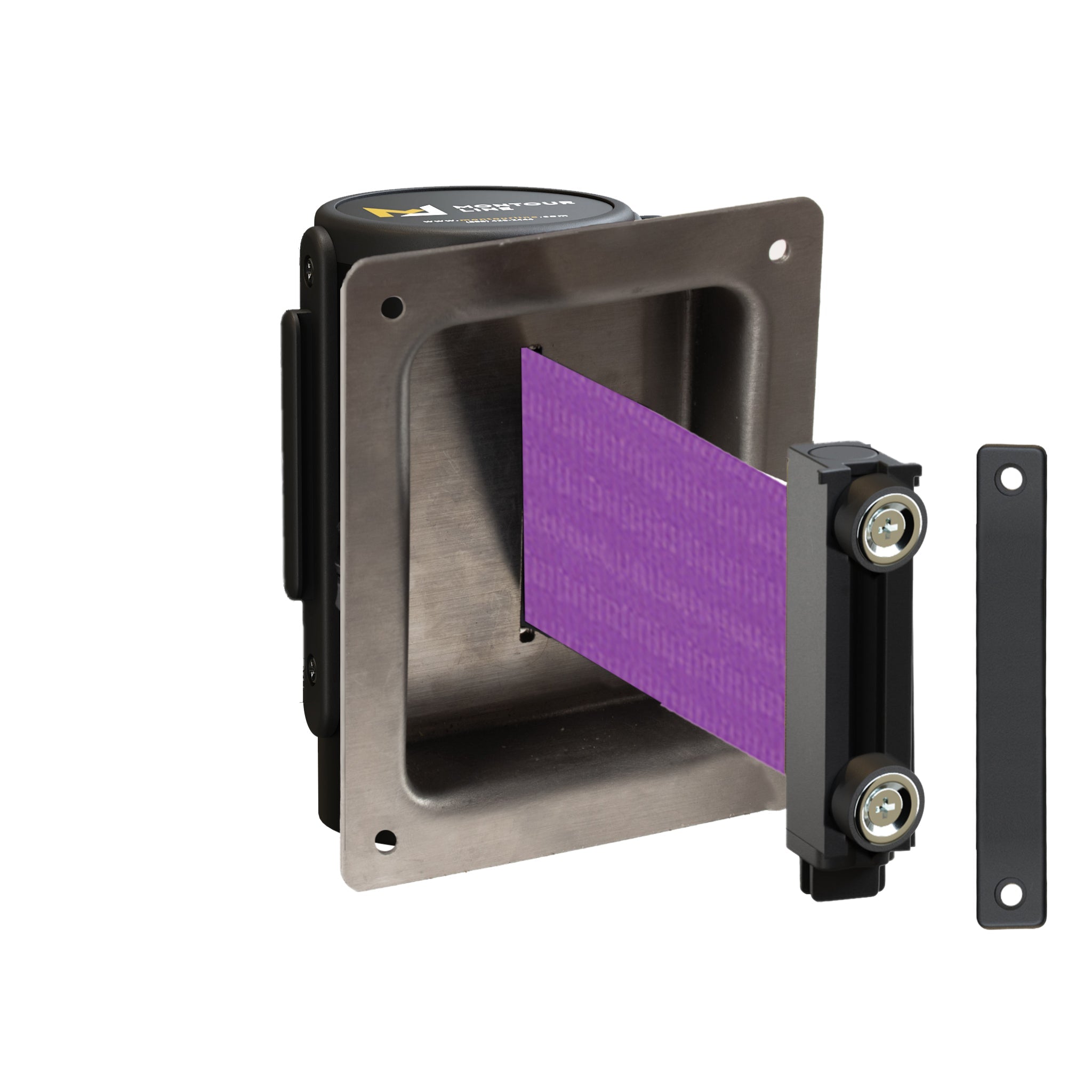 Wall Mounted Retractable Belt Barrier, Recessed Black Metal Case with Magnetic Belt End, 13 ft Belt - Montour Line WM115 - Crowd Control Warehouse