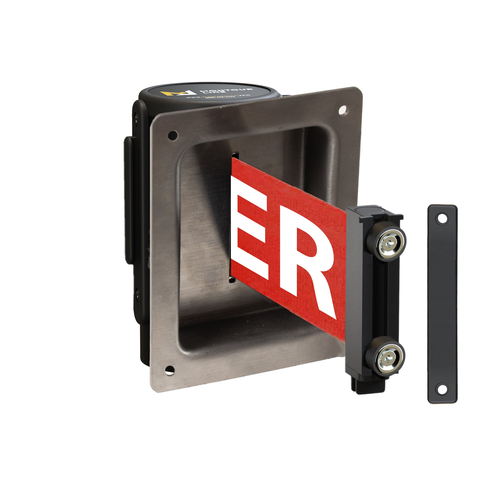 Wall Mounted Retractable Belt Barrier, Recessed Black Metal Case with Magnetic Belt End, 13 ft Belt - Montour Line WM115 - Crowd Control Warehouse