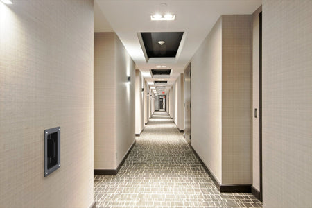 Wall Mounted Retractable Belt Barrier, Recessed Black Metal Case with Magnetic Belt End, 13 ft Belt - Montour Line WM115 - Crowd Control Warehouse