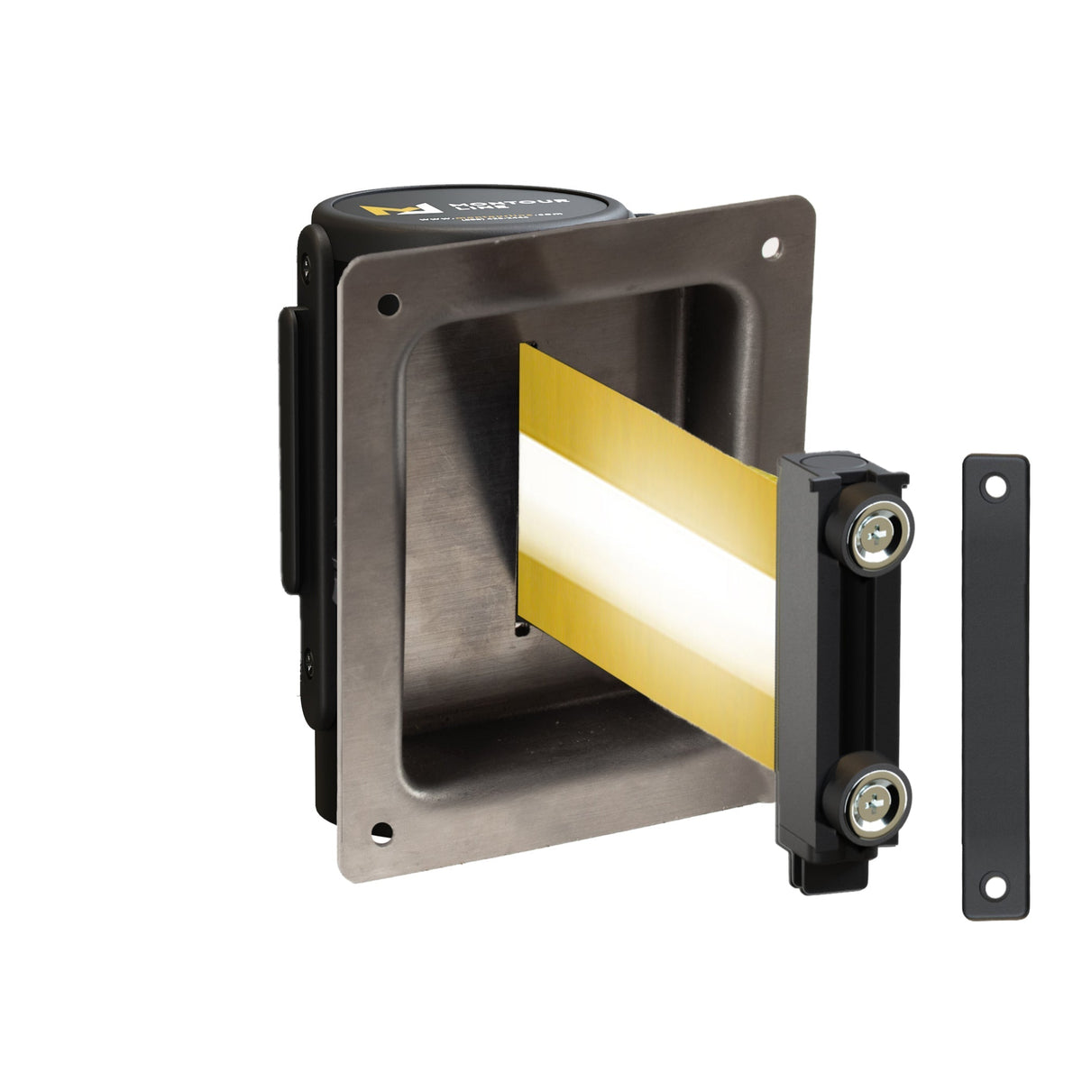 Wall Mounted Retractable Belt Barrier, Recessed Black Metal Case with Magnetic Belt End, 13 ft Belt - Montour Line WM115 - Crowd Control Warehouse