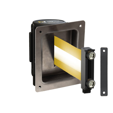 Wall Mounted Retractable Belt Barrier, Recessed Black Metal Case with Magnetic Belt End, 13 ft Belt - Montour Line WM115 - Crowd Control Warehouse