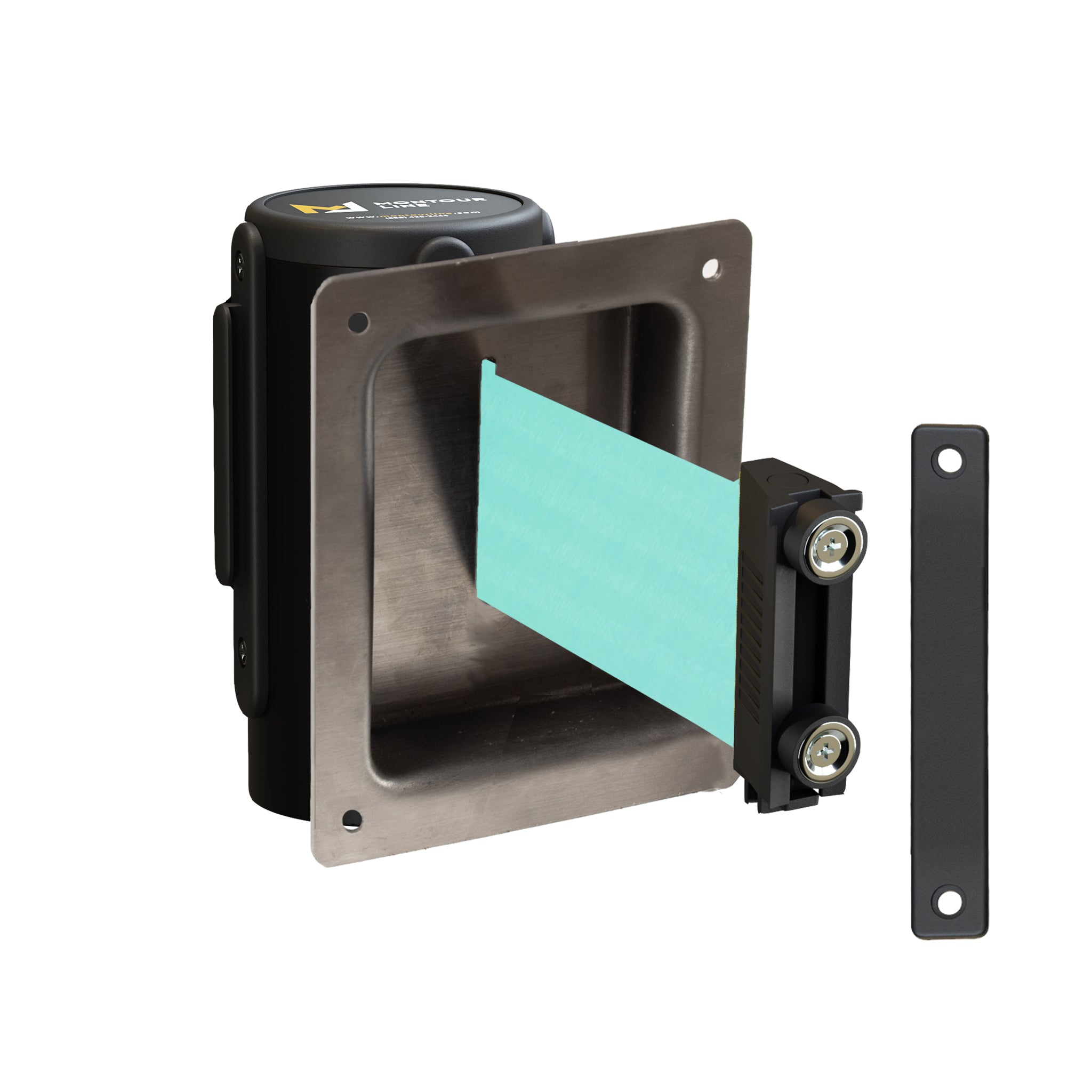 Wall Mounted Retractable Belt Barrier, Recessed Black Metal Case with Magnetic Belt End, 13 ft Belt - Montour Line WM115 - Crowd Control Warehouse